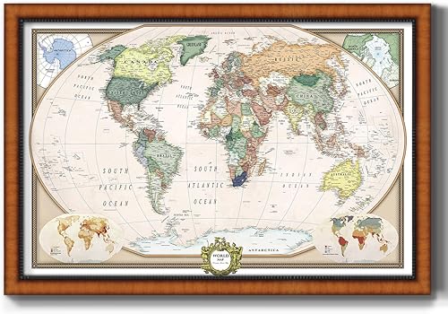 Miniatura 13 de Renditions Gallery - Lienzo artístico del mapa del mundo colorido con marco de nogal, arte de pared para viajes con pines de empuje para el hogar,