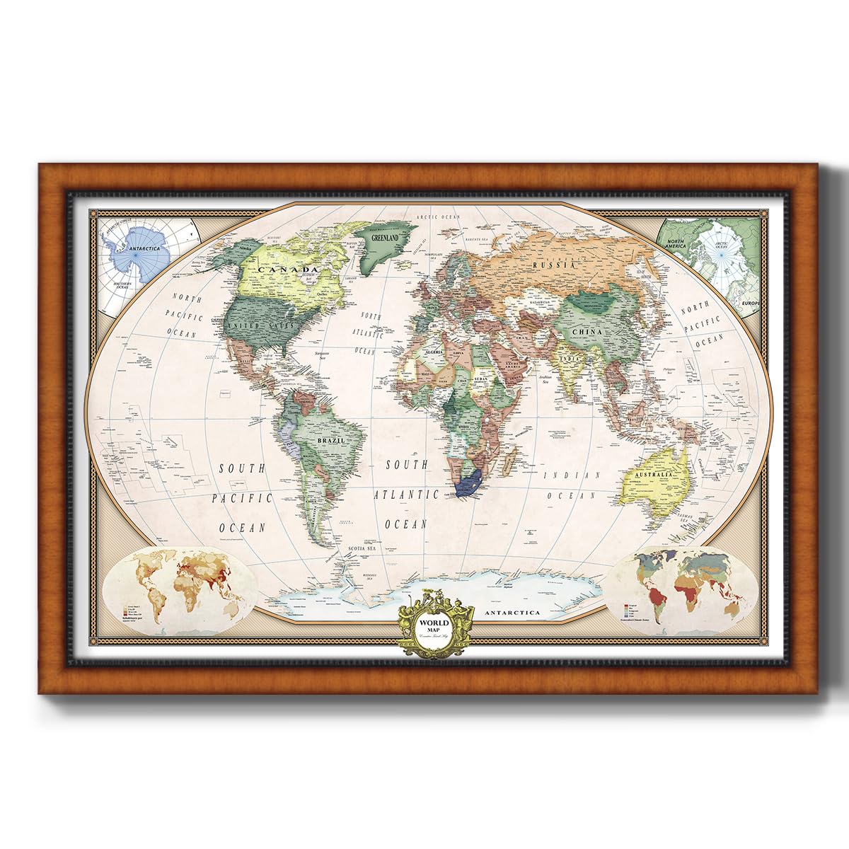 Renditions Gallery Colorful World Map Canvas Wall Art with Pecan Frame Wall Hanging Travel Map with Push Pins for Home, Office, Classroom