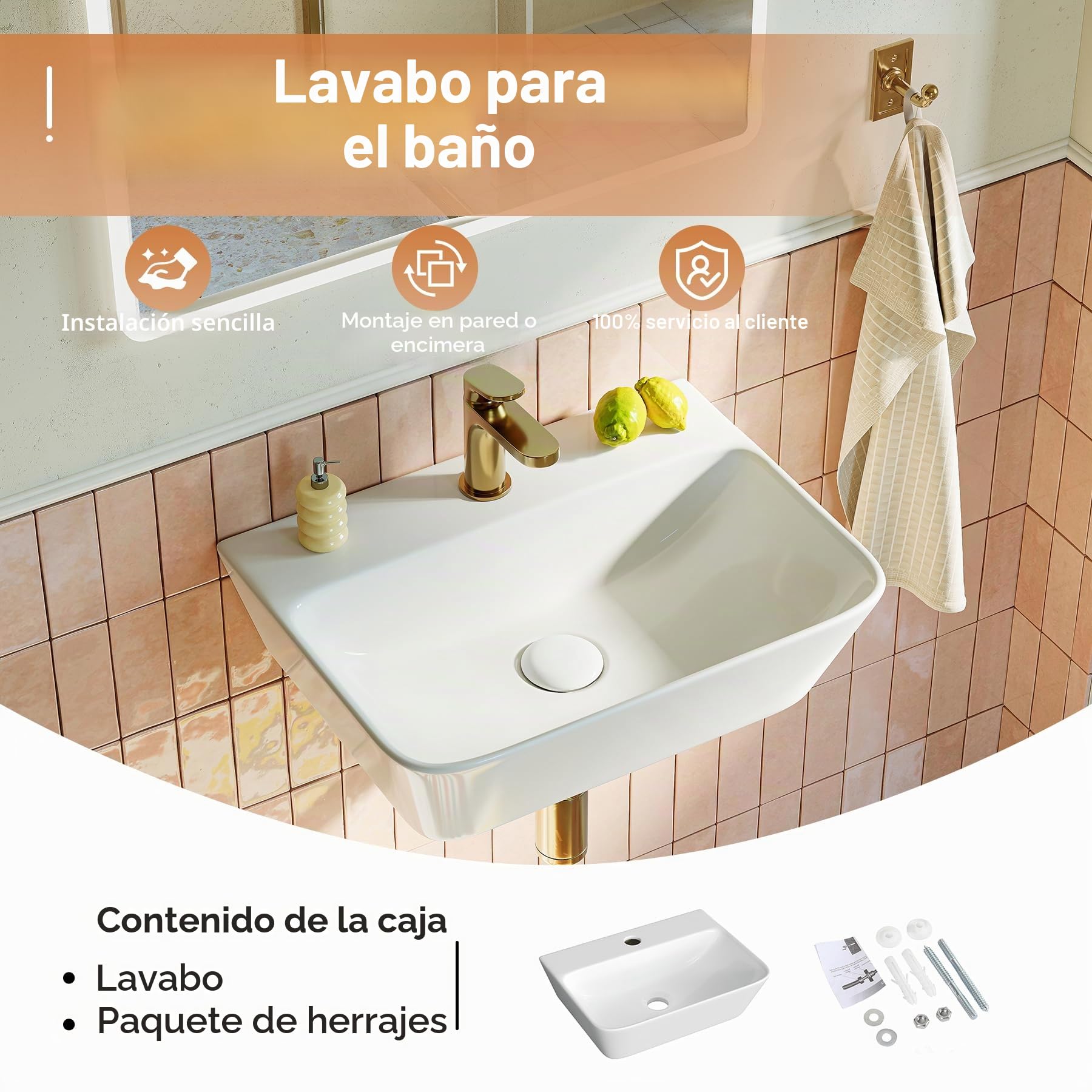HOROW Lavabo de baño rectangular de 40 cm, moderno color blanco, sin rebosadero, con orificio para grifo, lavabo pequeño, lavabo colgante para invitados, inodoro