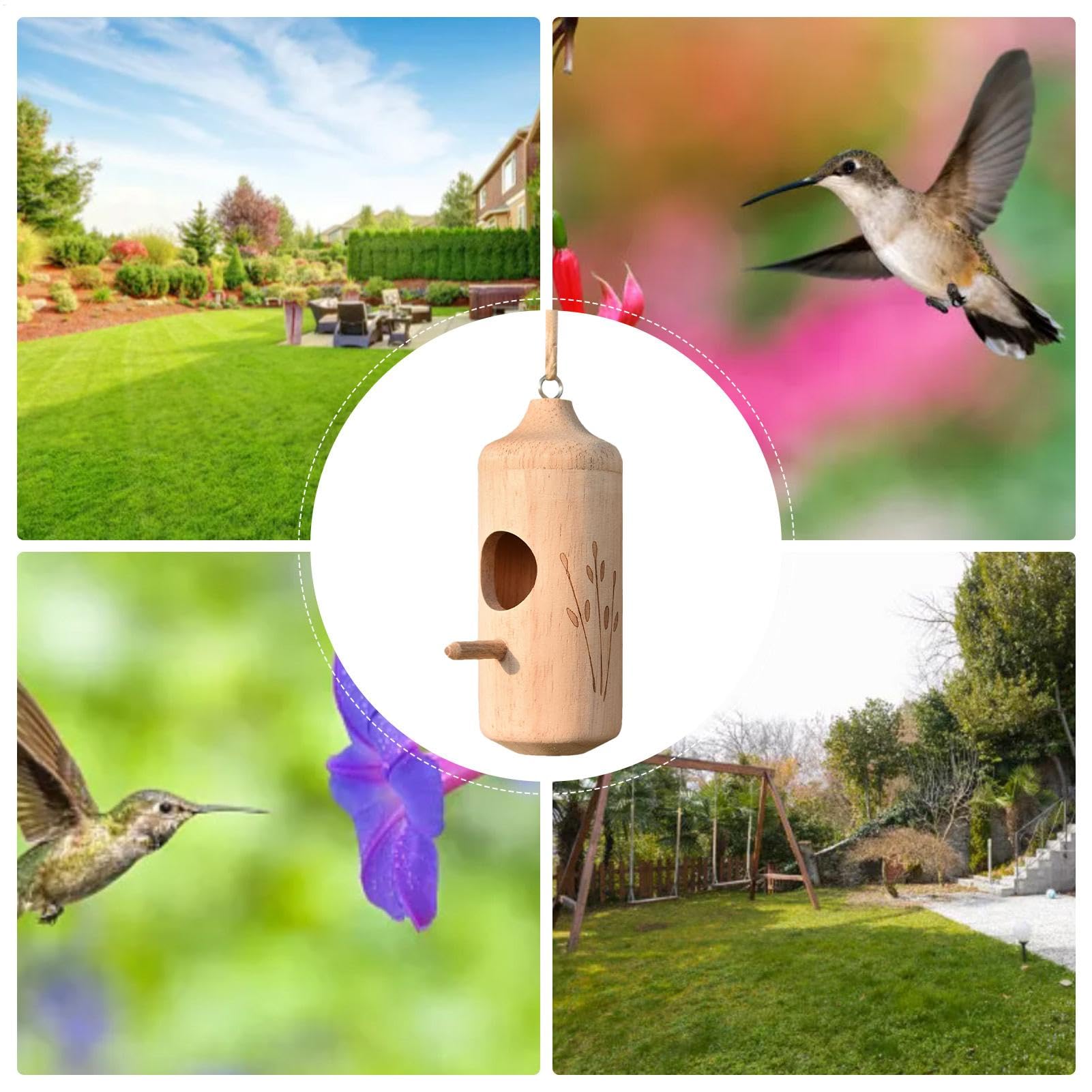 Abri en Bois pour colibris avec Corde, Maison pour Oiseaux en Plein air | Mangeoire compacte pour Oiseaux et boîte | Habitat de Colibri de Jardin, décoration Naturelle pour la Cour arrière