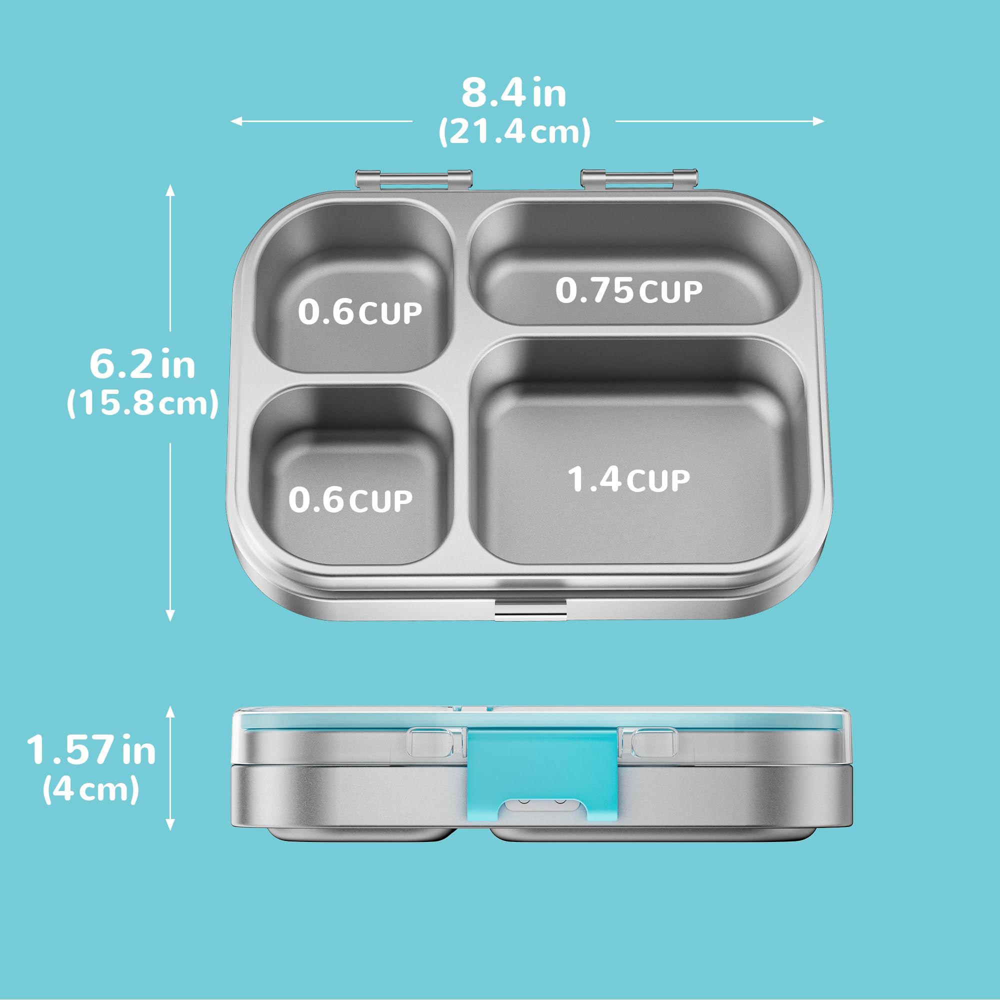 G.a HOMEFAVOR Boîte Bento en Acier Inoxydable 304 800ml pour enfants Boîtes-Repas 4 Compartiments Boîte Lunch Boite pour Le Déjeuner Alimentaires Bento Box étanches, lavable au lave-vaisselle, Bleu