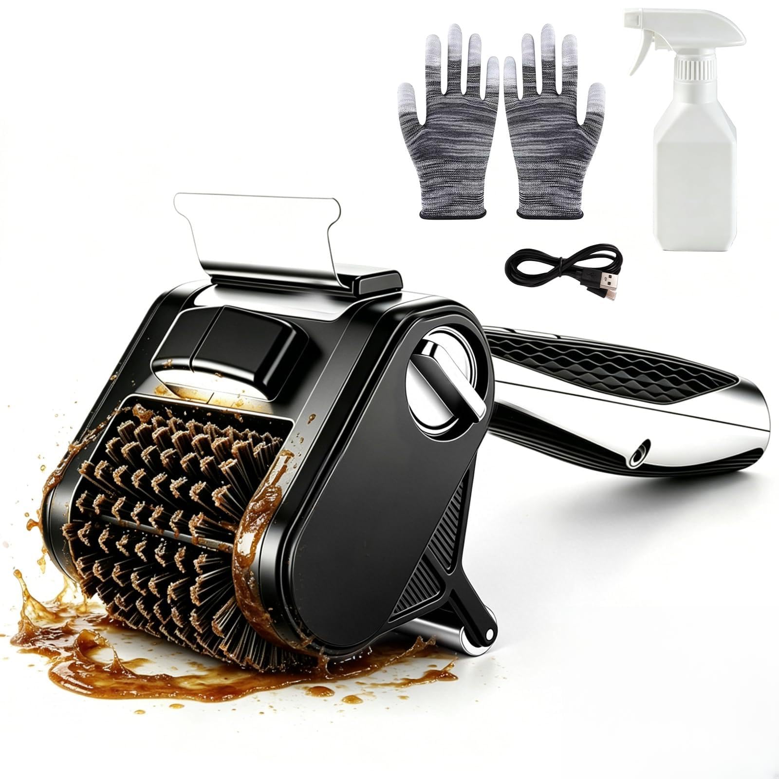 Brosse Électrique pour Barbecue, Brosse Nettoyante Électrique Barbecue sans Fil avec Tête et Grattoir en Acier Inoxydable, 450 TR/Min, 150 Min Autonomie, Gants et Flacon Pulvérisateur Inclus