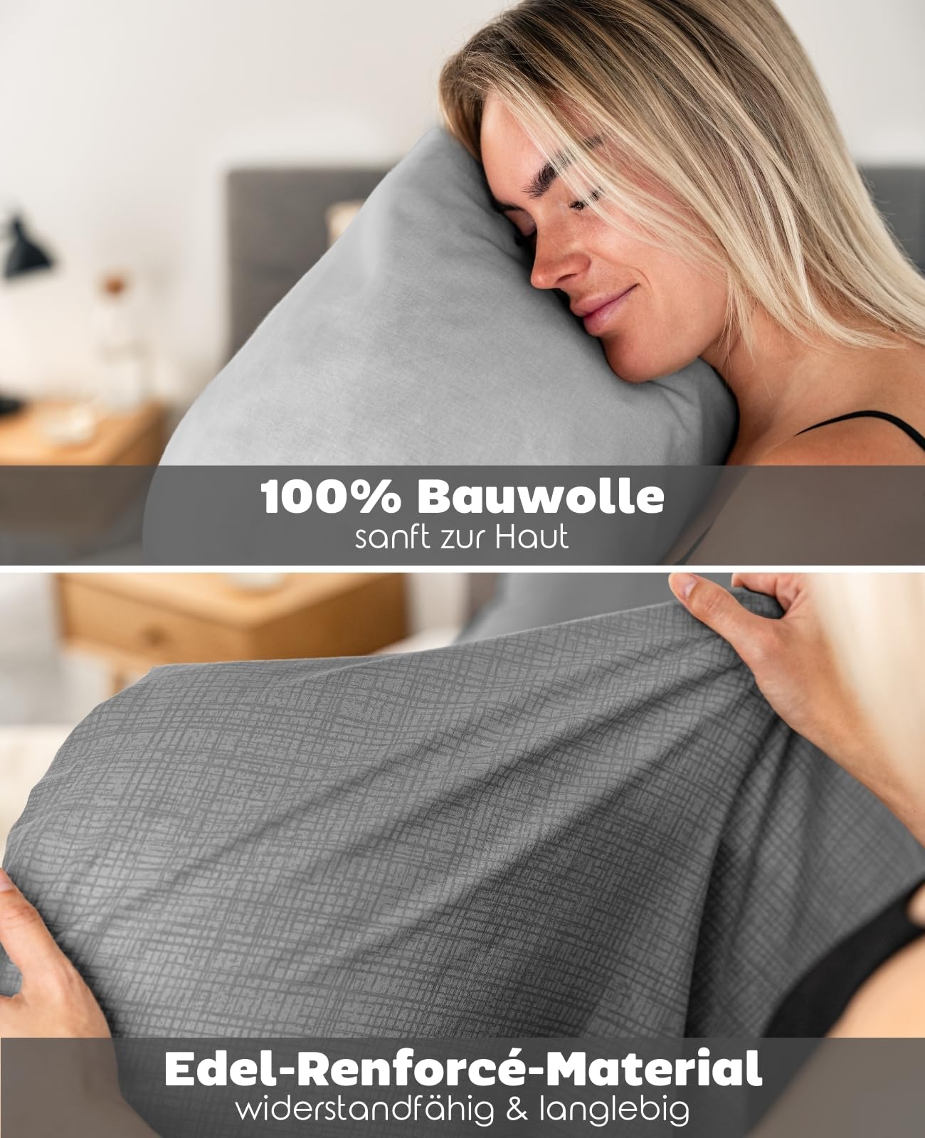 lionto dibea Renforcé-Wendebettwäsche aus 100% Baumwolle, 135x200 cm, Kissenbezug 80x80 cm, 4-teilige Bettwäsche zu jeder Jahreszeit, pflegeleicht und formstabil, inkl. Oeko-TEX Zertifikat, grau