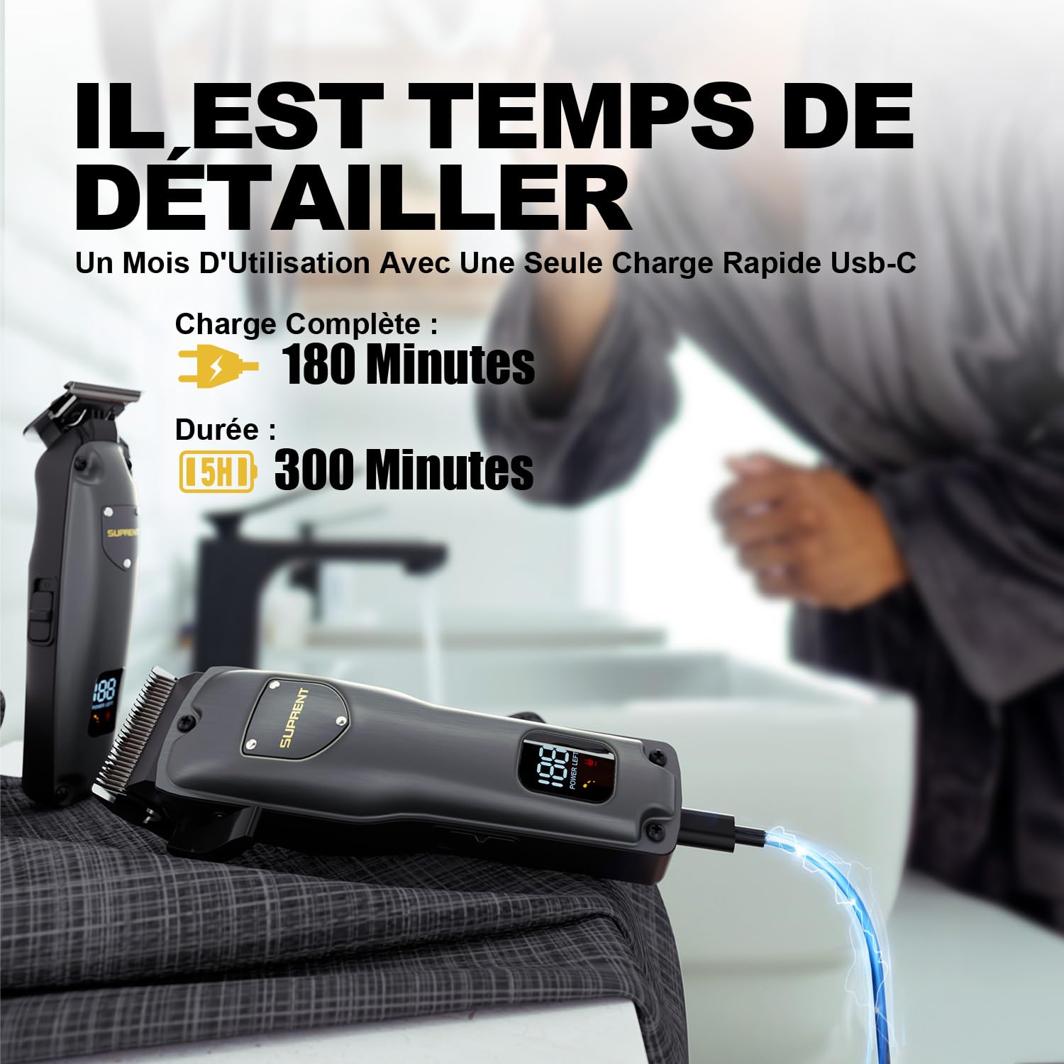 SUPRENT Tondeuse Cheveux Hommes Sans Fil Professionnelle, Set avec T-Blade Barbe Trimmer Gris