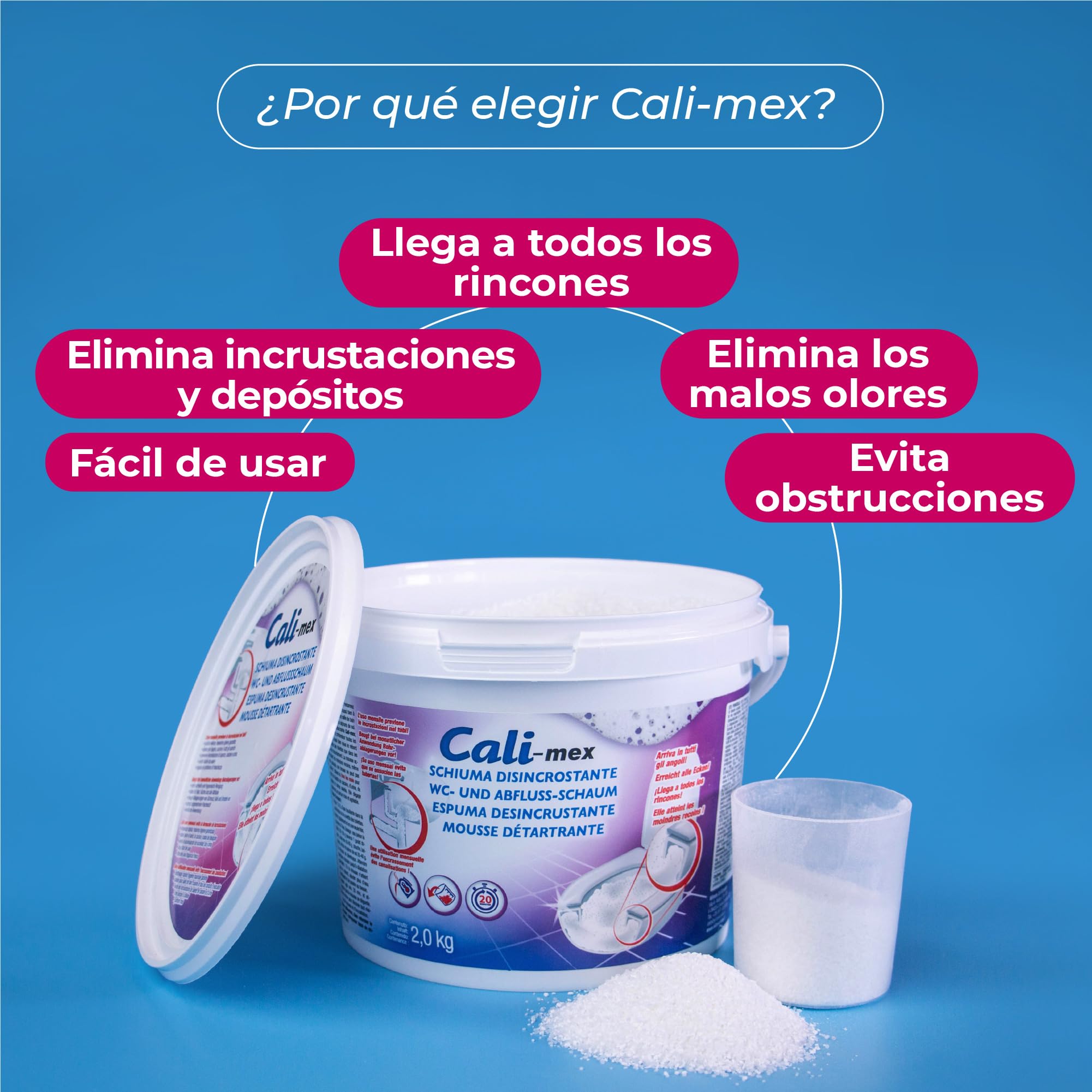 Cali-mex Espuma para la limpieza de sifones y tubos Elimina los malos olores, evita obstrucciones y atascos en el lavabo, la ducha y el inodoro. Formato ahorro de 2 kg.