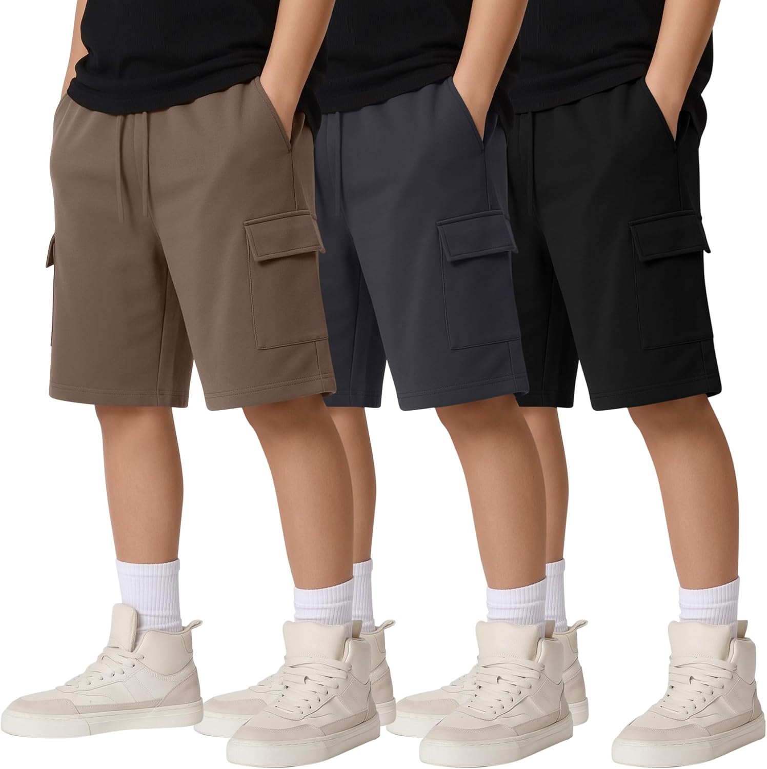 3 Pcs Boys Cargo Shorts Drawstring Elastic Waist Athletic Basketball Lightweight Sweat Short with Multi Pocket 5-16Y