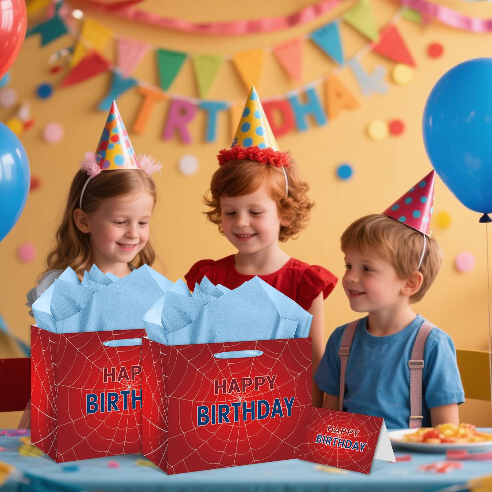 EIGHTSTATES Spider Web Birthday Gift Bag - Red Spider Theme Party Gift Bag with Card & Tissue Paper - Halloween Birthday Decor for Kids, Boys & Girls - Baby Shower Party Decorations Supplies