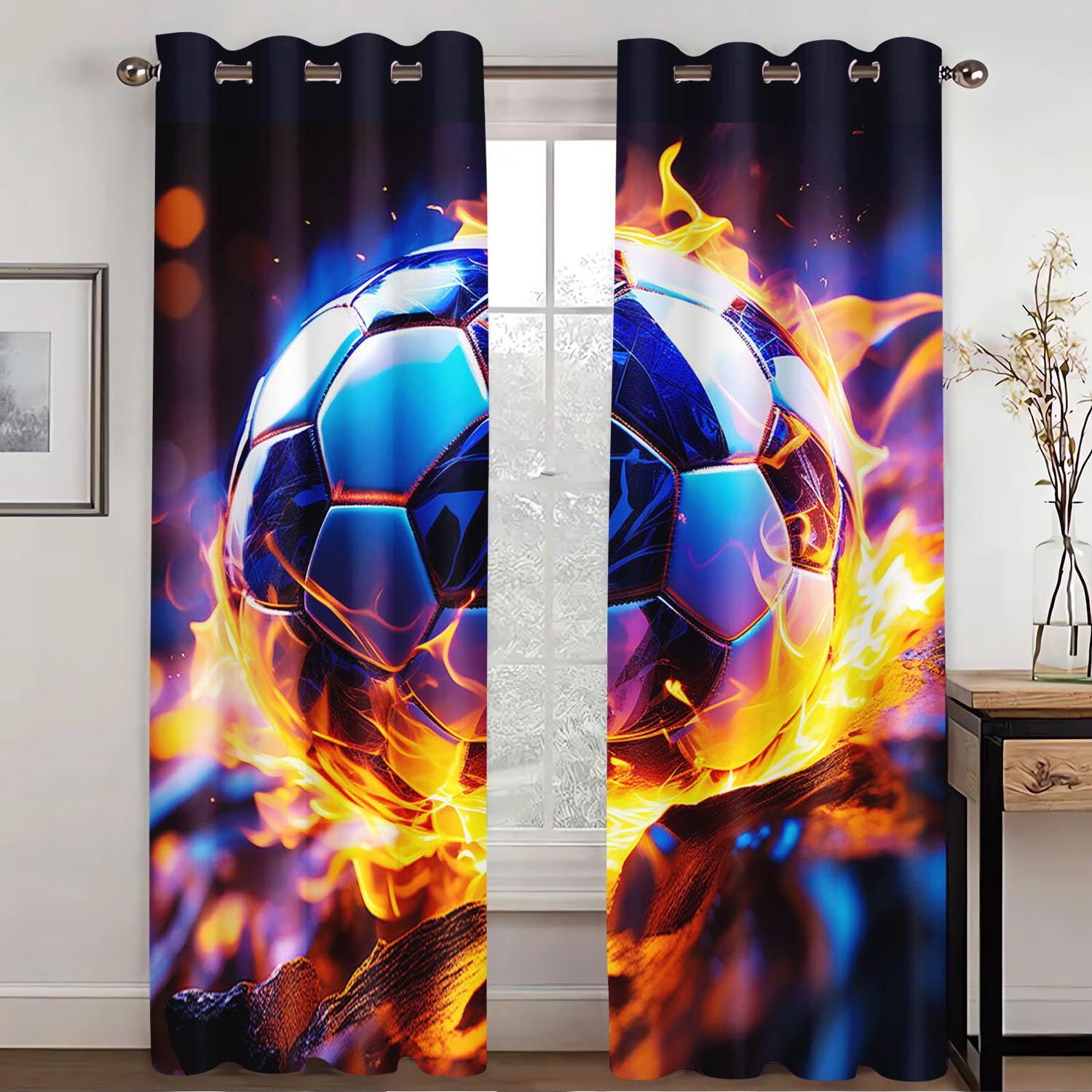 WEQEER Football Sports Field Curtains, Blue 3D Football Pattern Eyelets Curtains, Colourful Football Children's Blackout Curtain, Boys Curtains for Bedroom (2.183 x 160 cm (2 x 91 x 160 cm))