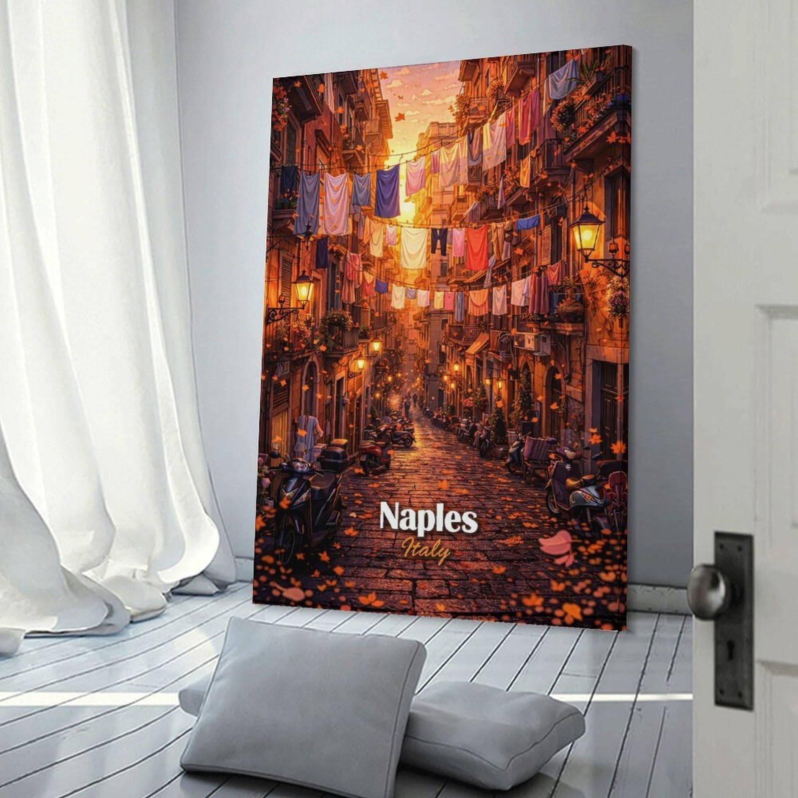 Junmoney Frame-Style-3 Decorative Canvas Print Naples Italy Street Scene, 12X18inch(30X45cm), For New Homes, Bedrooms Or Workspaces, Thoughtful Wall Decor For Art Lovers