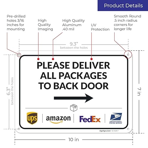 Vista 293 de Cartel de entrega del paquete, letrero de instrucciones de entrega, 10 x 7 pulgadas, aluminio 040 libre de óxido, resistente a la decoloración