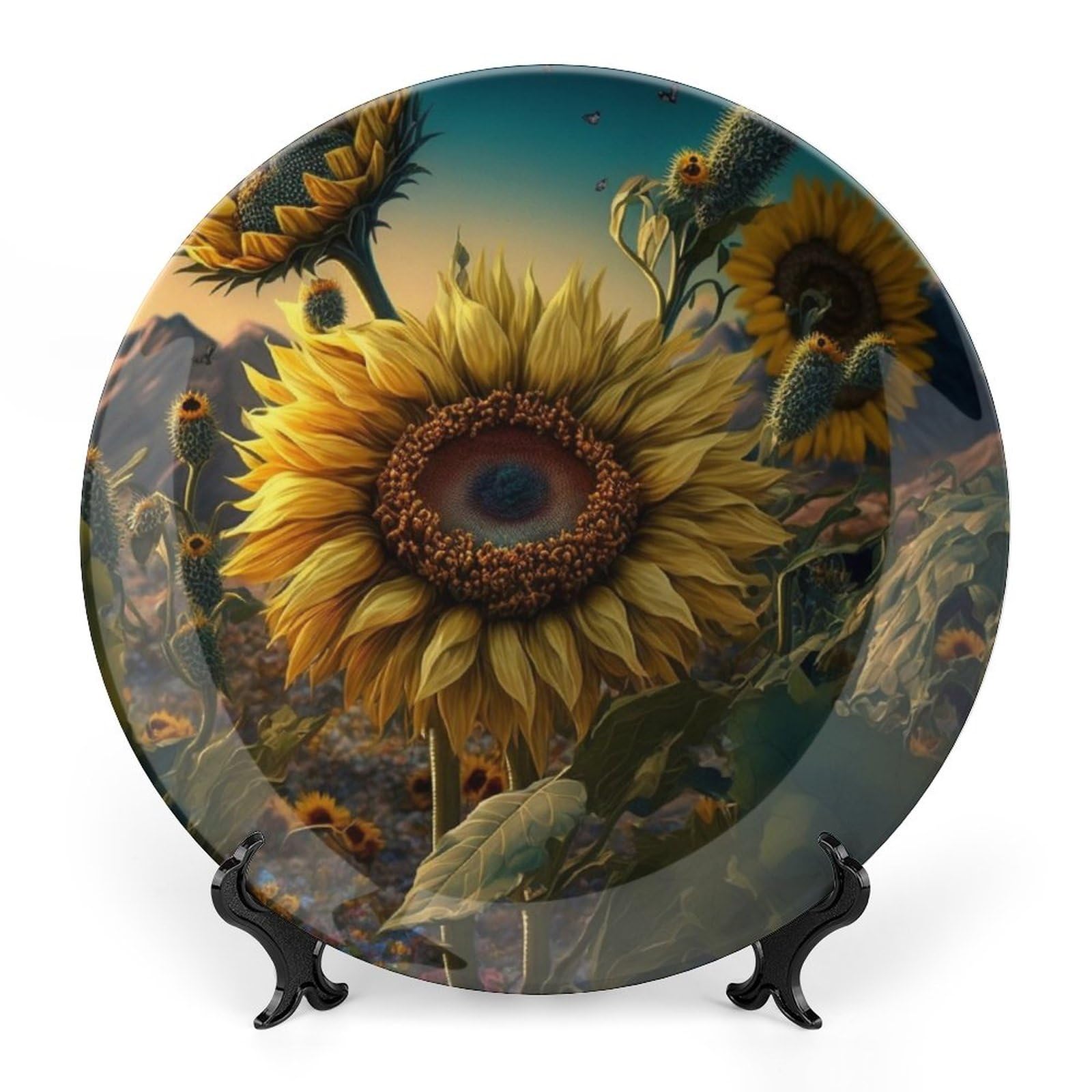 Gokays Decorative Plates for Wall Hanging, Sunrise Sunflower Garden Ceramic Plate, Wobble-Plate with Display Stand, Home Decor for Kitchen Cabinets, Farmhouse Round Tray 25 CM