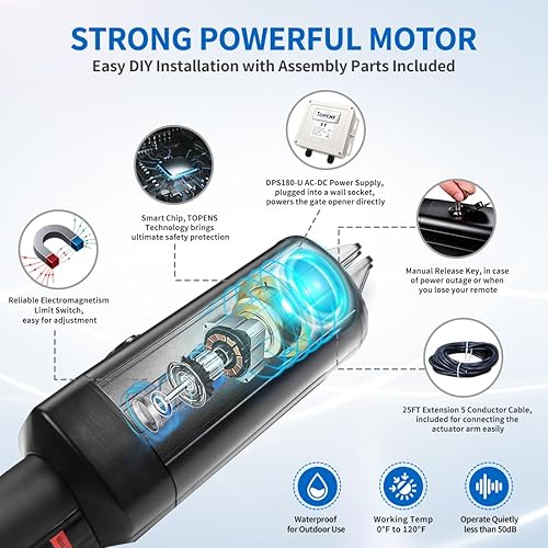 Miniatura 4 de TOPENS PW302 - Abridor de puerta oscilante doble, motor de puerta automático ligero para puertas batientes dobles de hasta 12 pies por brazo,
