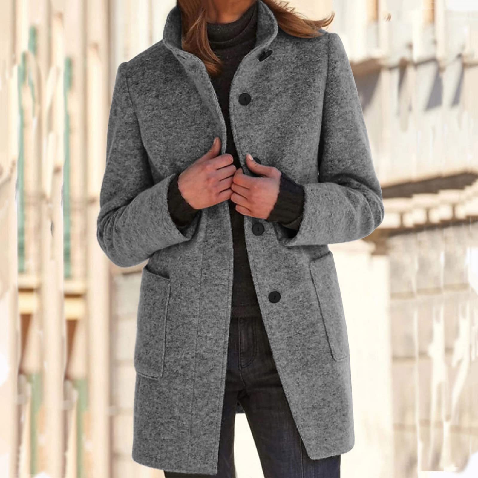 Generisch Giacca invernale da donna, trench, per il tempo libero, da donna, in lana, con tasche, giacca lunga da donna, alla moda, casual, con parte anteriore aperta