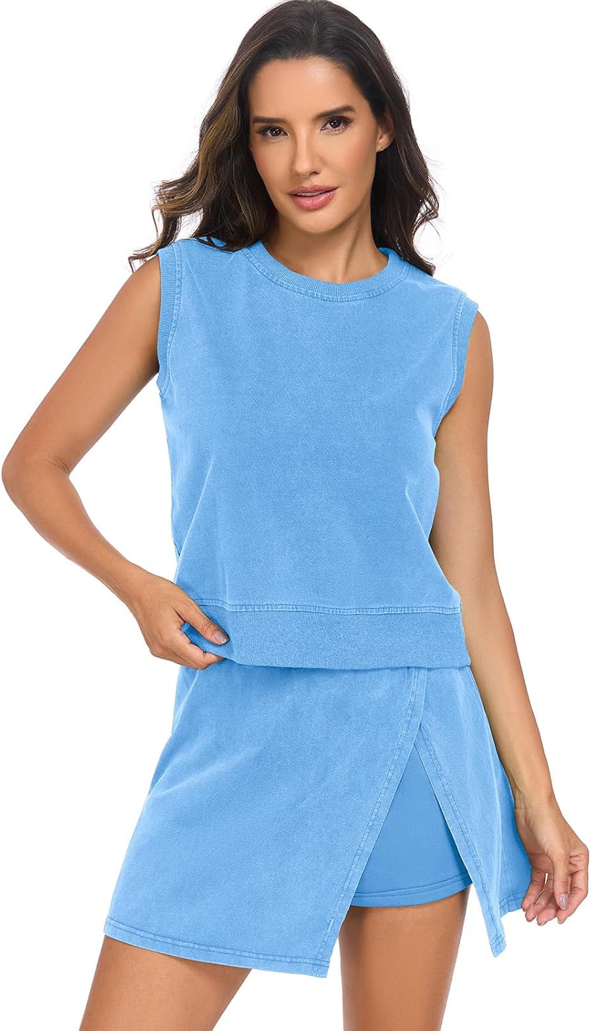 Women's Summer Two Pieces Lounge Set Wash Cotton Sleeveless Tank Top Skort Set Trendy Split Athletic Skirt Shorts Outfits - Image 6