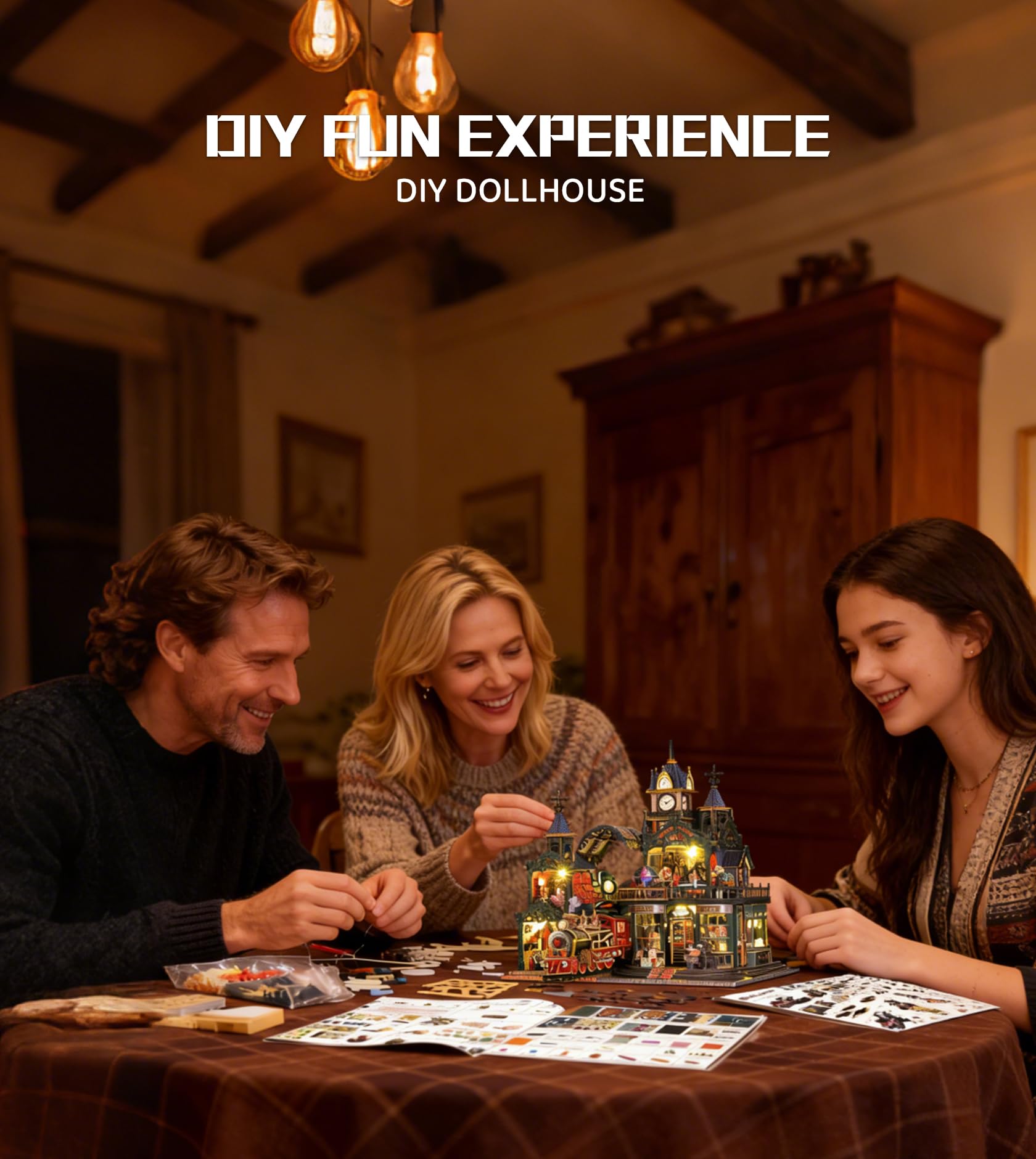 Spilay Miniatur Haus, Fantasy Uhrturmhaus Puppenhaus Holz | DIY Miniature House mit LED-Licht und Musikbox, 3D Puzzle für Erwachsene, Miniatur Bausatz, Regal Deko Geschenk