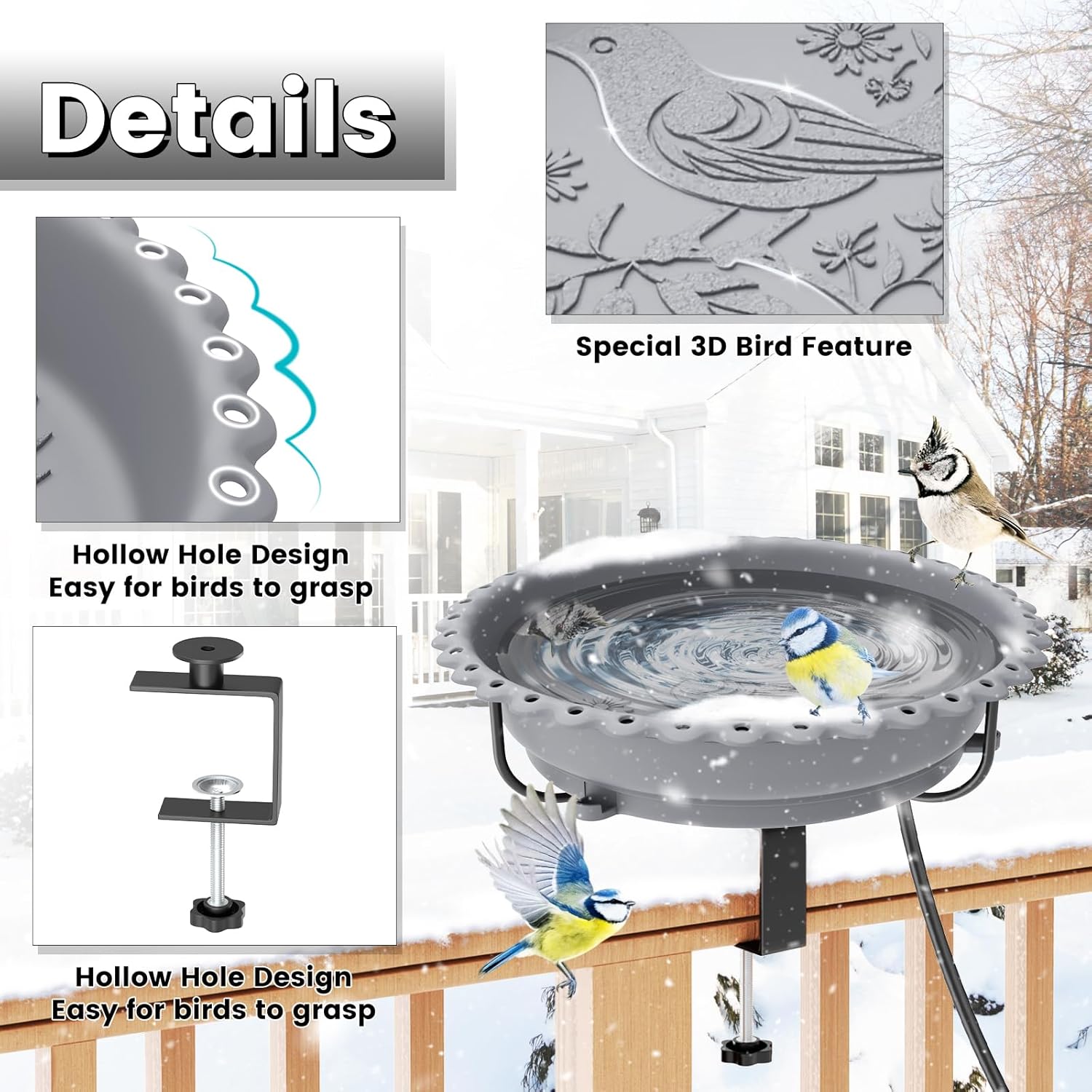 Heated Bird Baths for Outdoors, Upgraded 100W Thermostatically Controlled Heated Bird Bath for Deck Railing Large Capacity Heated Birdbath for Outside Winter Garden Yard Patio Lawn (Grey)
