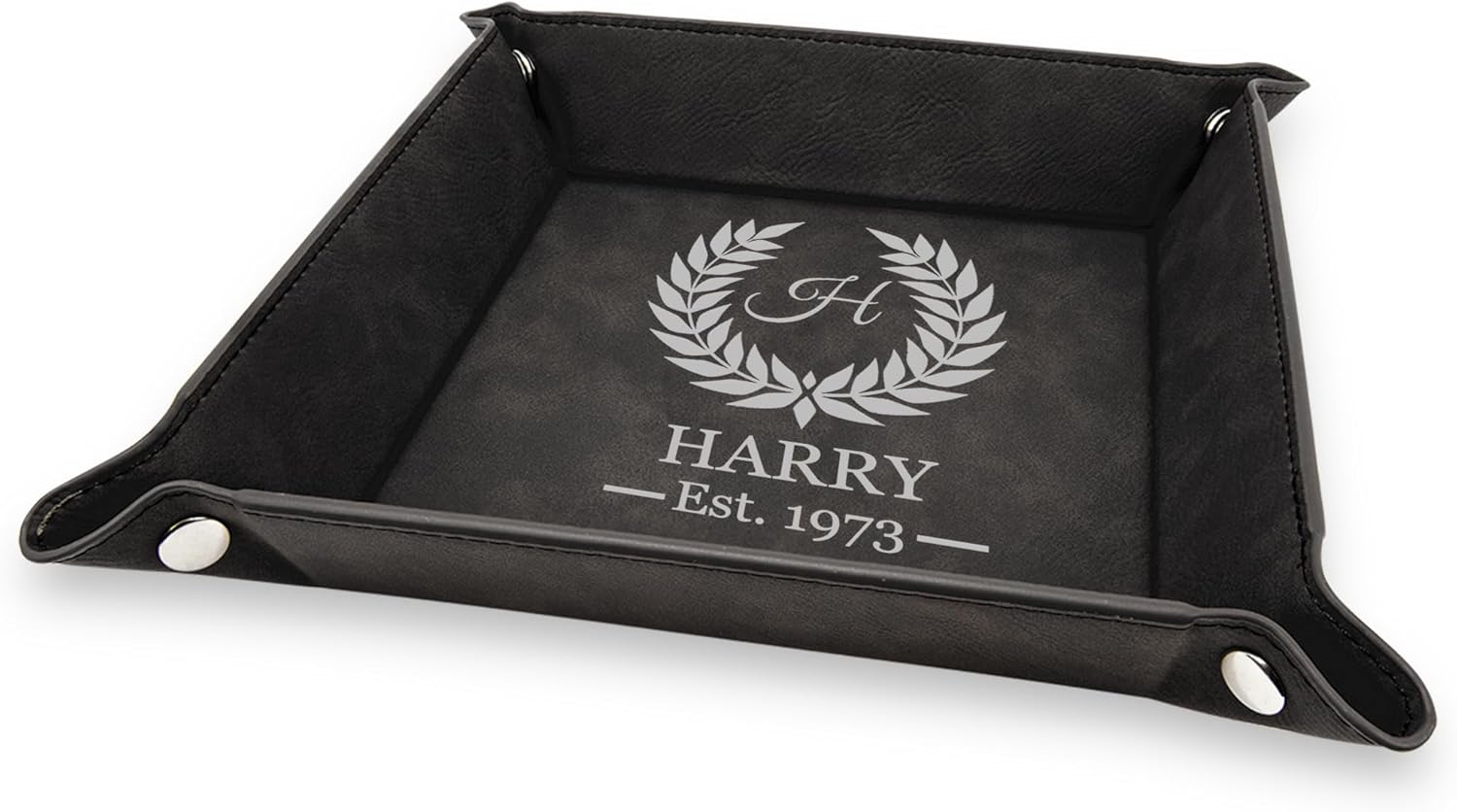 Krazy Case Personalized Valet Tray for Men and Women - Genuine PU Leather Organizer Caddy - Black Jewelry Nightstand Organizer