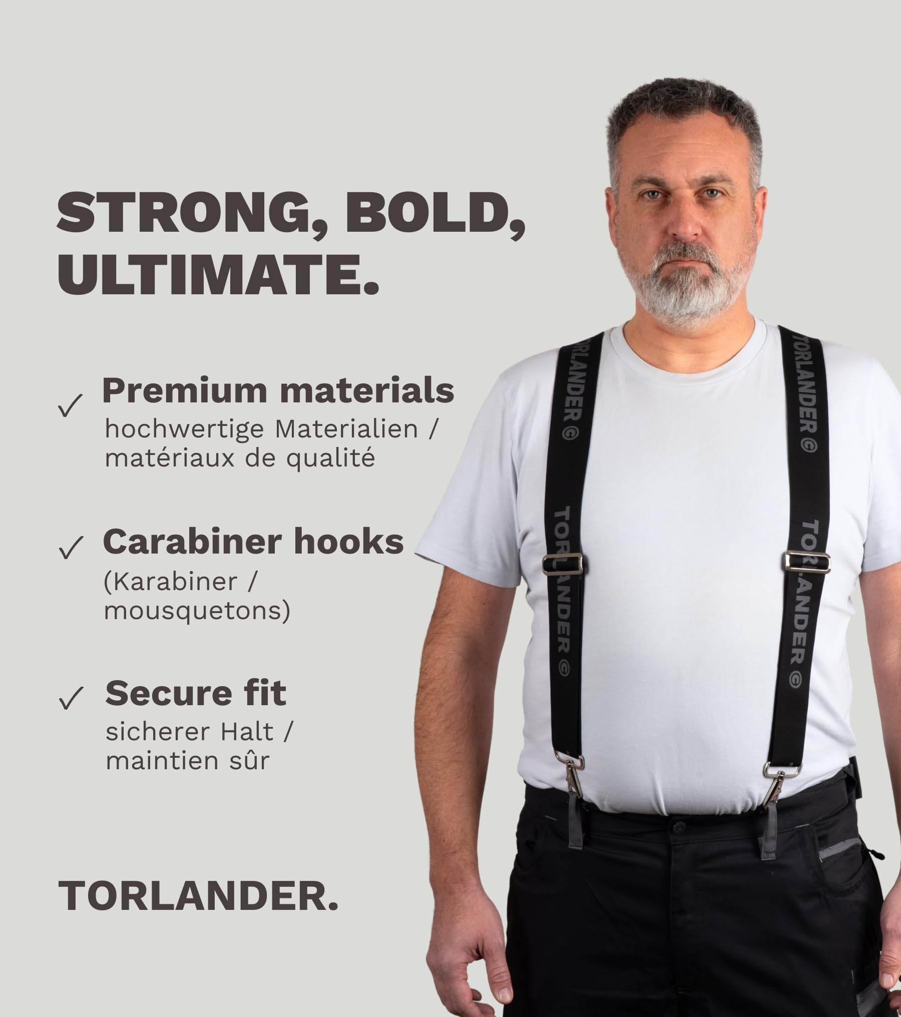 TORLAND® Hosenträger Herren extra stark, mit Rindsleder, 5 cm breit mit Karabiner-Verschluss, für Arbeitshose, Motorradhose | 135 cm lang, verstellbar bis Körpergröße 2 m - 3