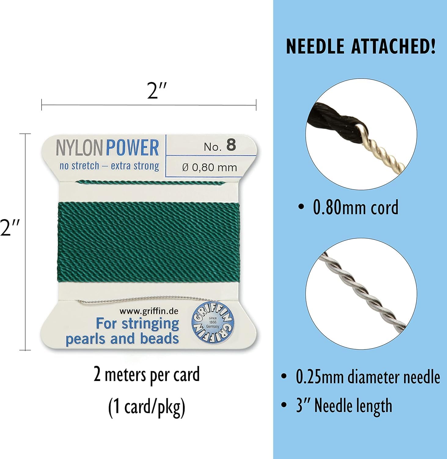 Griffin Bead Cord Nylon Medium Green #8 - Griffin NylonPower with Stainless Steel Needle Attached – for Knotting Pearls, Gemstones, Crystals and Beads