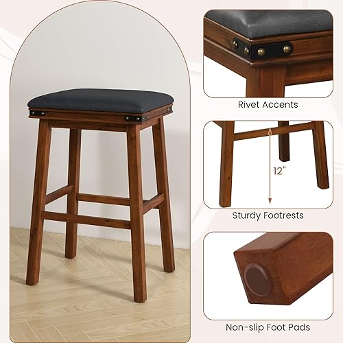 Miniatura 7 de COSTWAY Juego de 2 taburetes de bar tapizados, sillas de bar sin espalda de 30 pulgadas de altura con asiento acolchado de piel sintética, marco de