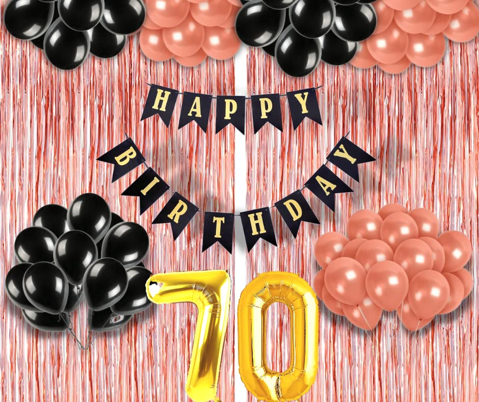 Image of 70th Birthday Decoration items for Girls with Black and Rose Gold Balloons, Black Happy Birthday Banner, Rose Gold Foil Curtain, Foil Balloon number 70