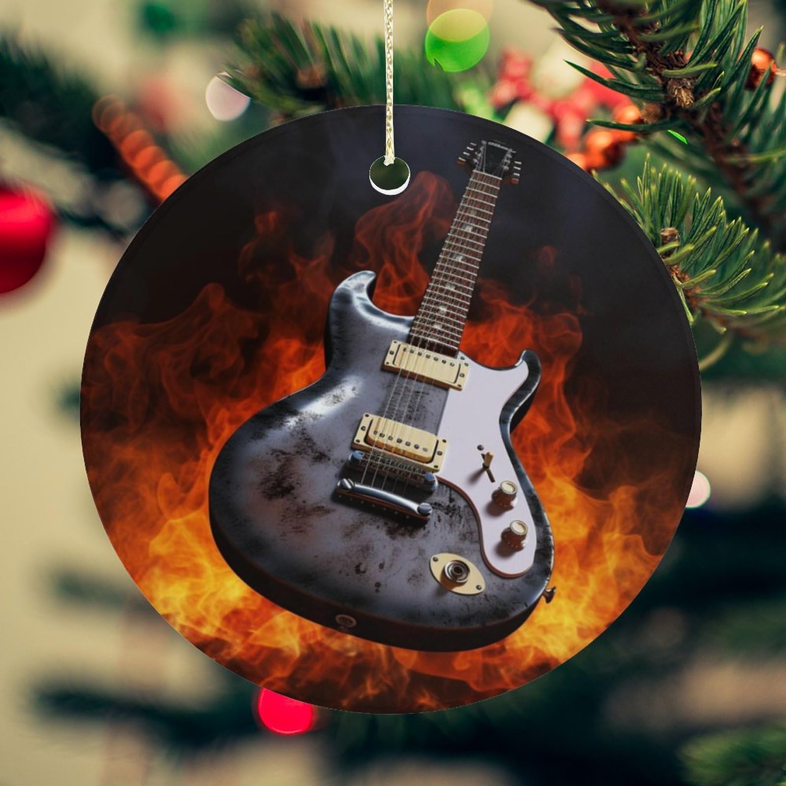 Rock Guitar Christmas Ornament for Christmas Tree Ceramic Round Ornament Winter Holiday Keepsake Gift 2.7" Christmas Tree Hanging Decorations Circle Ceramic Pendant Xmas Gift