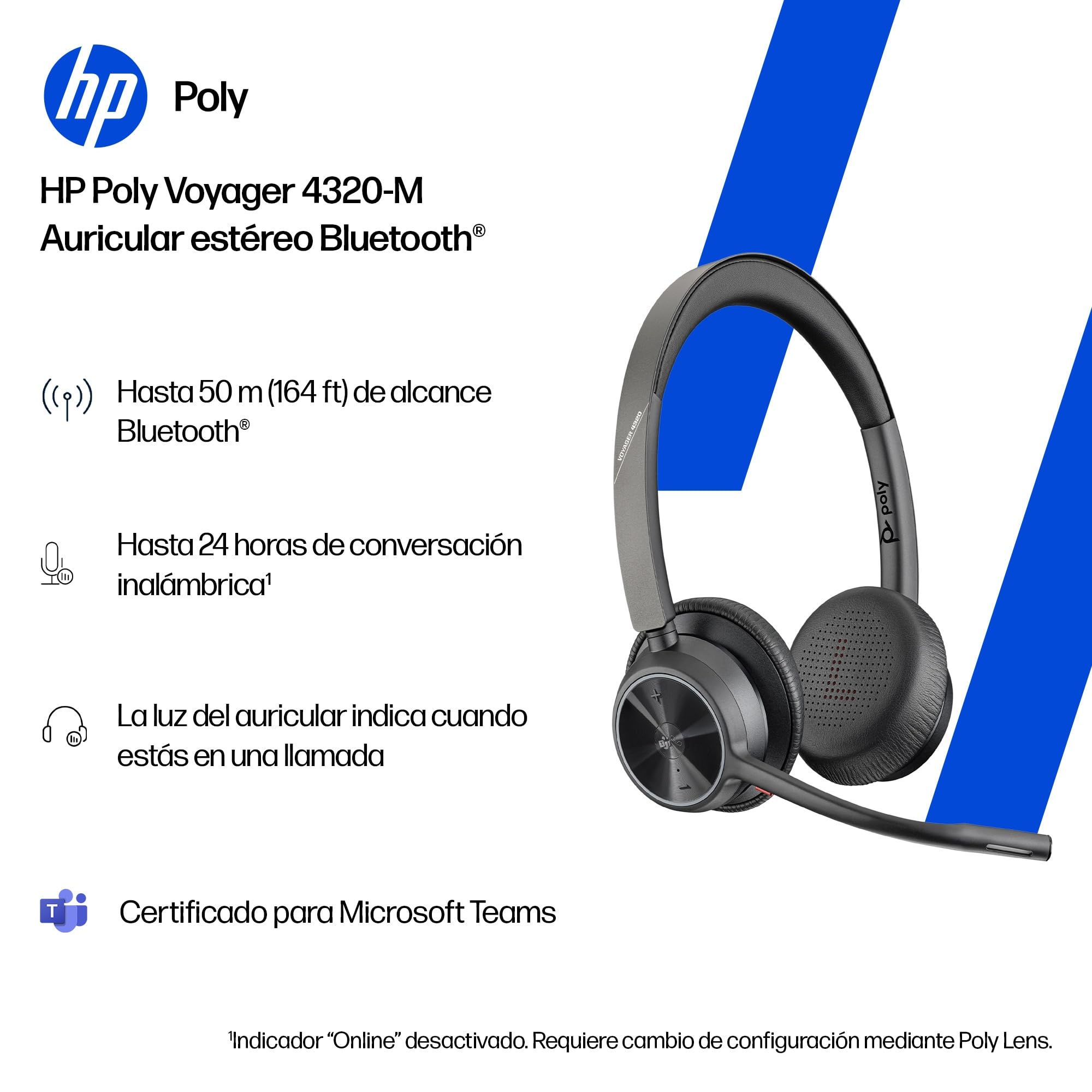 Auriculares inalámbricos Poly Voyager 4320 UC - Audífonos estéreo con micrófono de brazo con cancelación de ruido - Conexión Bluetooth a PC/teléfono móvil - Funciona: Teams (certificado), Zoom y más