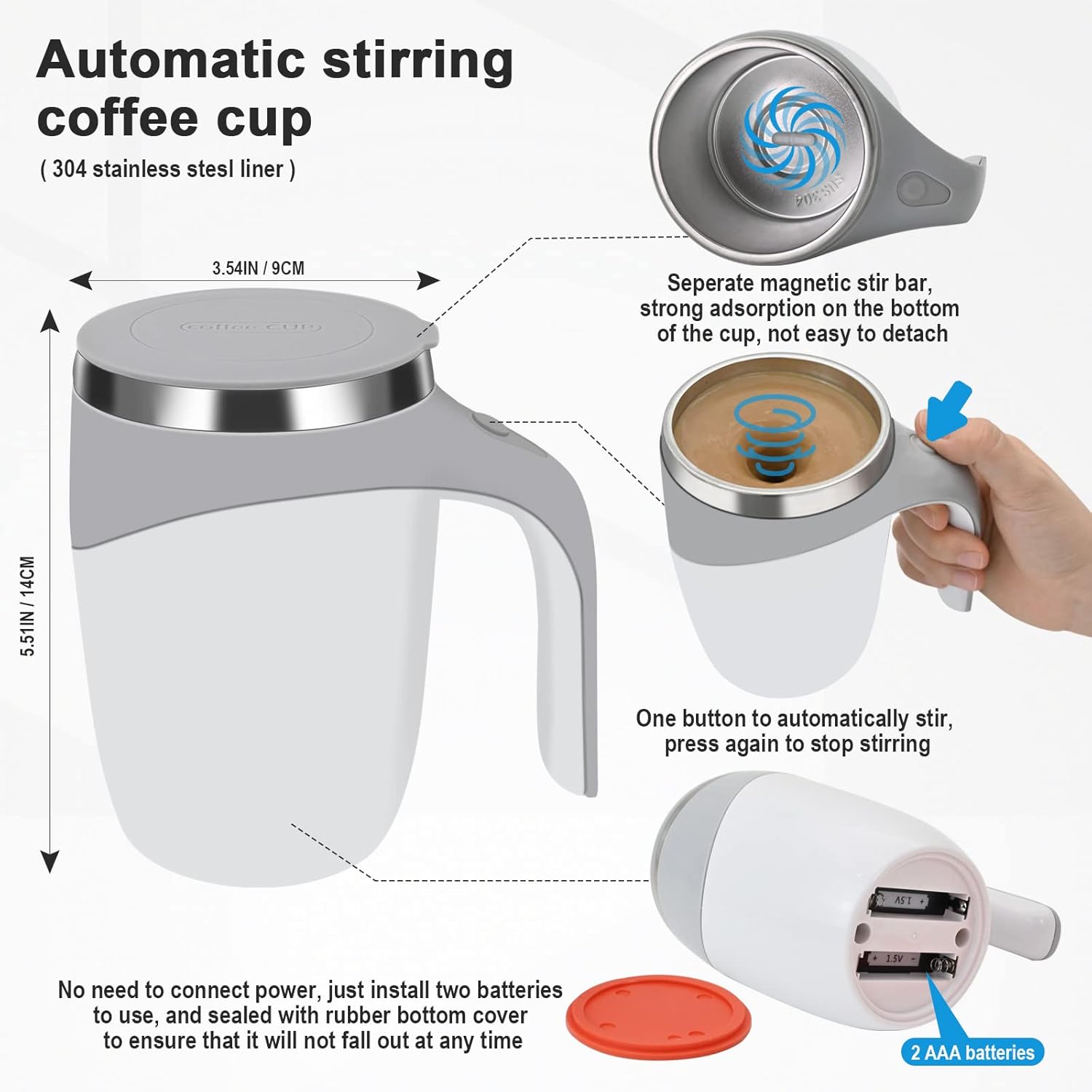 Electric Magnetic Stirring Coffee Mug, Electric Mixing Mug, Automatic Funny Self Mixing Cup, Stainless Steel Travel Cup for Chocolate, Milk, Tea, Office, Home, Kitchen, 12 oz/350ml, White - Image 2