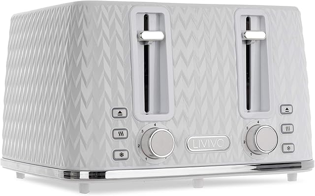 LIVIVO Taurus 4 Slice Toaster Glossy Finish with Extra Wide Slots - 6 Browning Bread Toast Settings - Reheat Defrost & Cancel Functions  High Lift  Removable Slide On Crumb Tray 1750w (White)