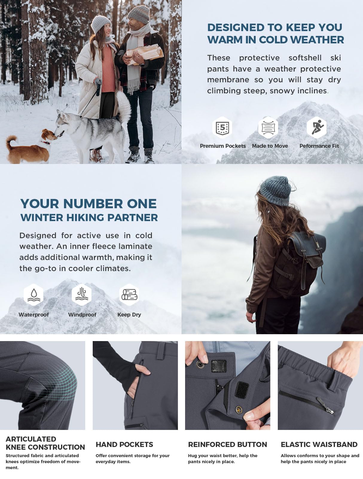 Wespornow Pantalones de senderismo para mujer, impermeables, para exteriores, térmicos, resistentes al viento, cálidos, para esquí, camping, deportes de perro y deportes de invierno