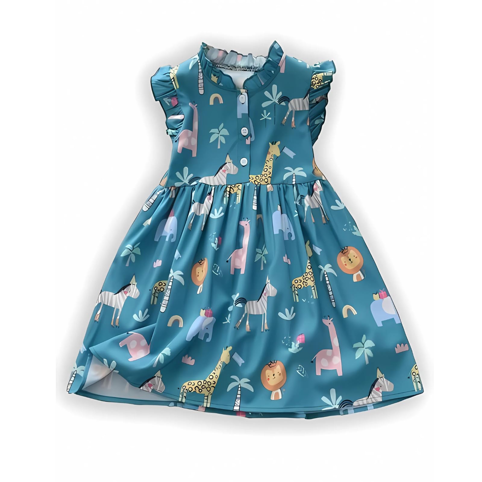 PAMBERSTON Baby Girl's Lycra Frock with High Round Neck Half Sleeves Animal Printed Pattern Knee Length and Regular Fit Blue