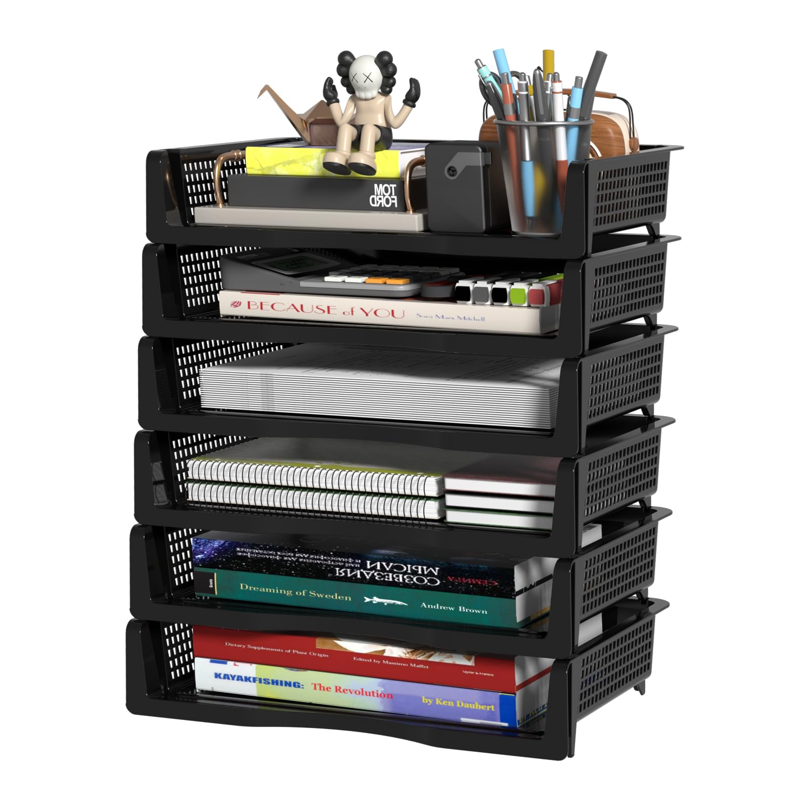 Tyminin Plastic Letter File Trays, 6 Tier Desk Organiser, Mesh Paper Holder Storage Filing Trays for A4 Papers, Black