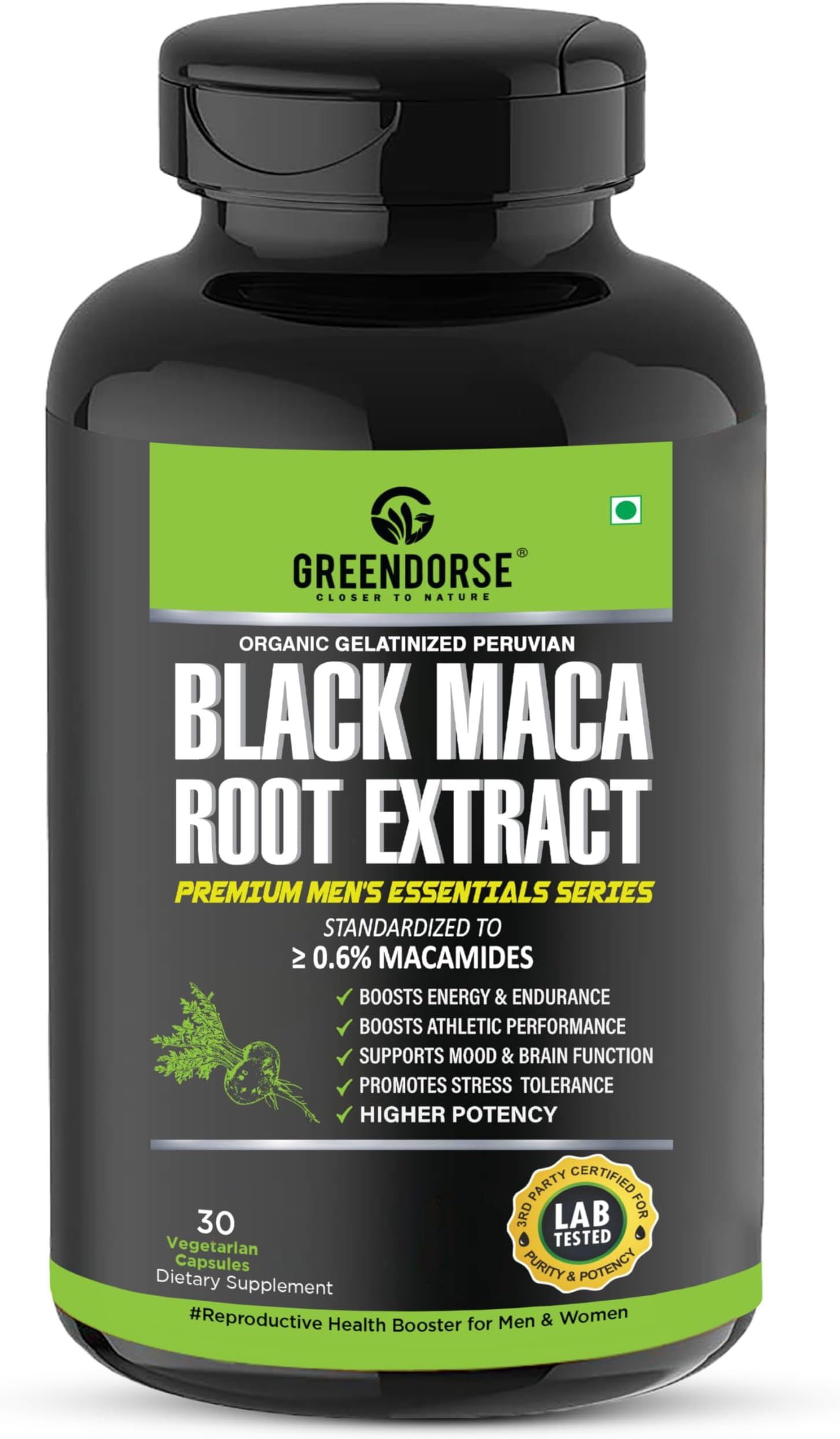 GREENDORSE Peruvian Black Maca Root Extract Capsules (Equivalent to 19000mg) |Gelatinized & Standardized 0.6% Macamide| For Energy, Endurance, Performance, Menopause- 30 Veg Capsules