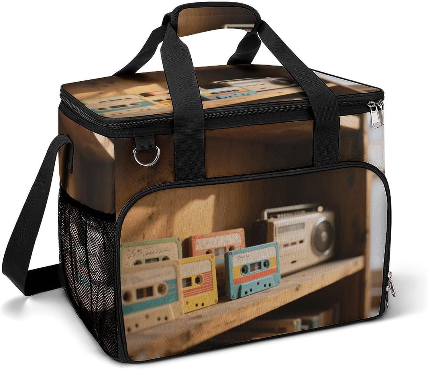 Insulated Picnic Backpack Tote Bag, Large Capacity 30L Retro Cassette Tape Cooler Bag Leakproof Beach Bags Portable Lunch Box Waterproof Picnic Basket for Beach Camping BBQ