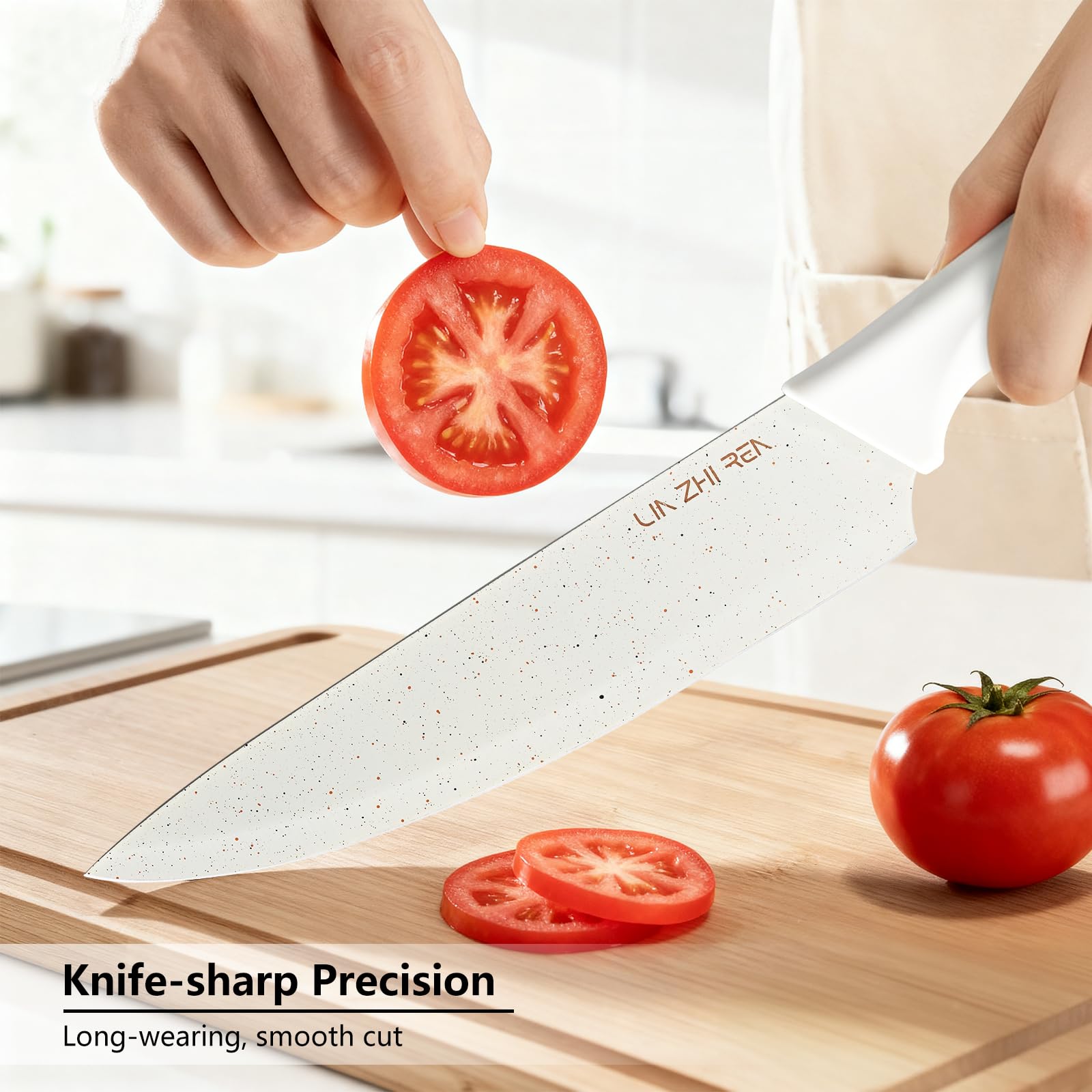 Juego de 13 Cuchillos de Cocina con Bloque y Afilador Integrado | Acero Inoxidable | Mango Ergonómico Antideslizante | Apto para Lavavajillas | Color Blanco