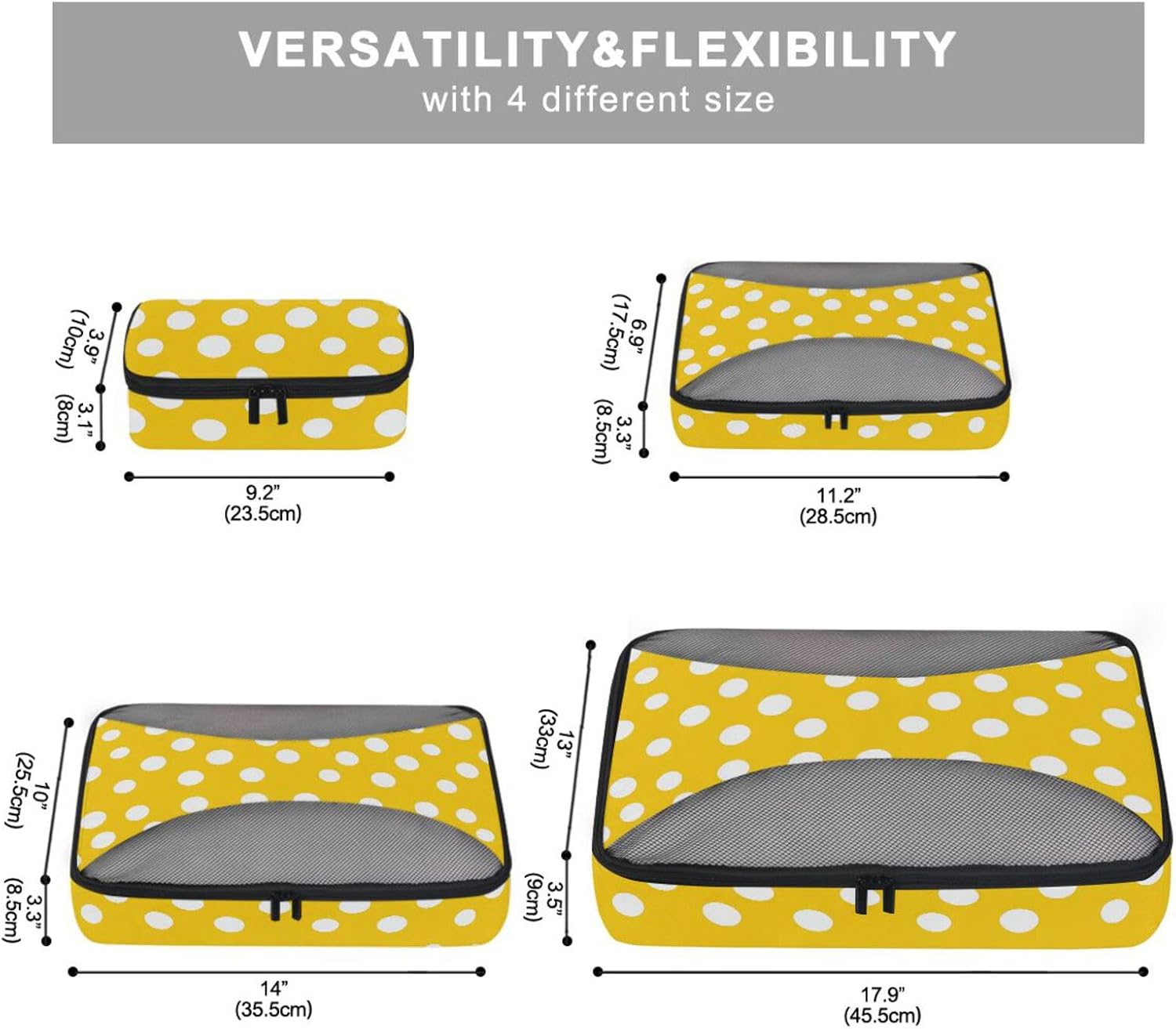 Modern White Rounds Dots Yellow 4 Pcs set luggage organizer bags Mesh Travel Essentials expandable travel cubes for packing