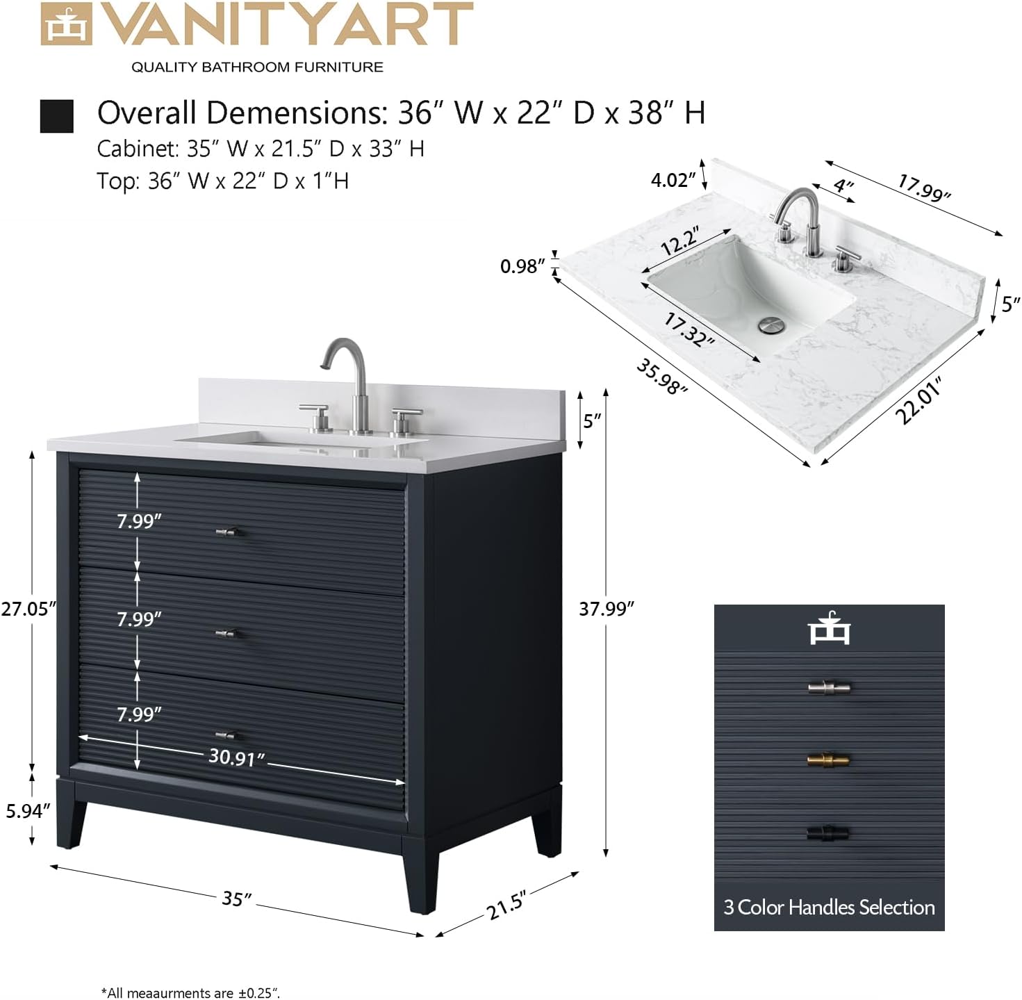Vanity Art 36" Bathroom Vanity with Single Sink & Arabescato White Engineered Stone Top, Soft Closing Door, Solid Wood Frame, Golden Brushed Handles, Vintage Spruce Blue VA8136-VSB-GB
