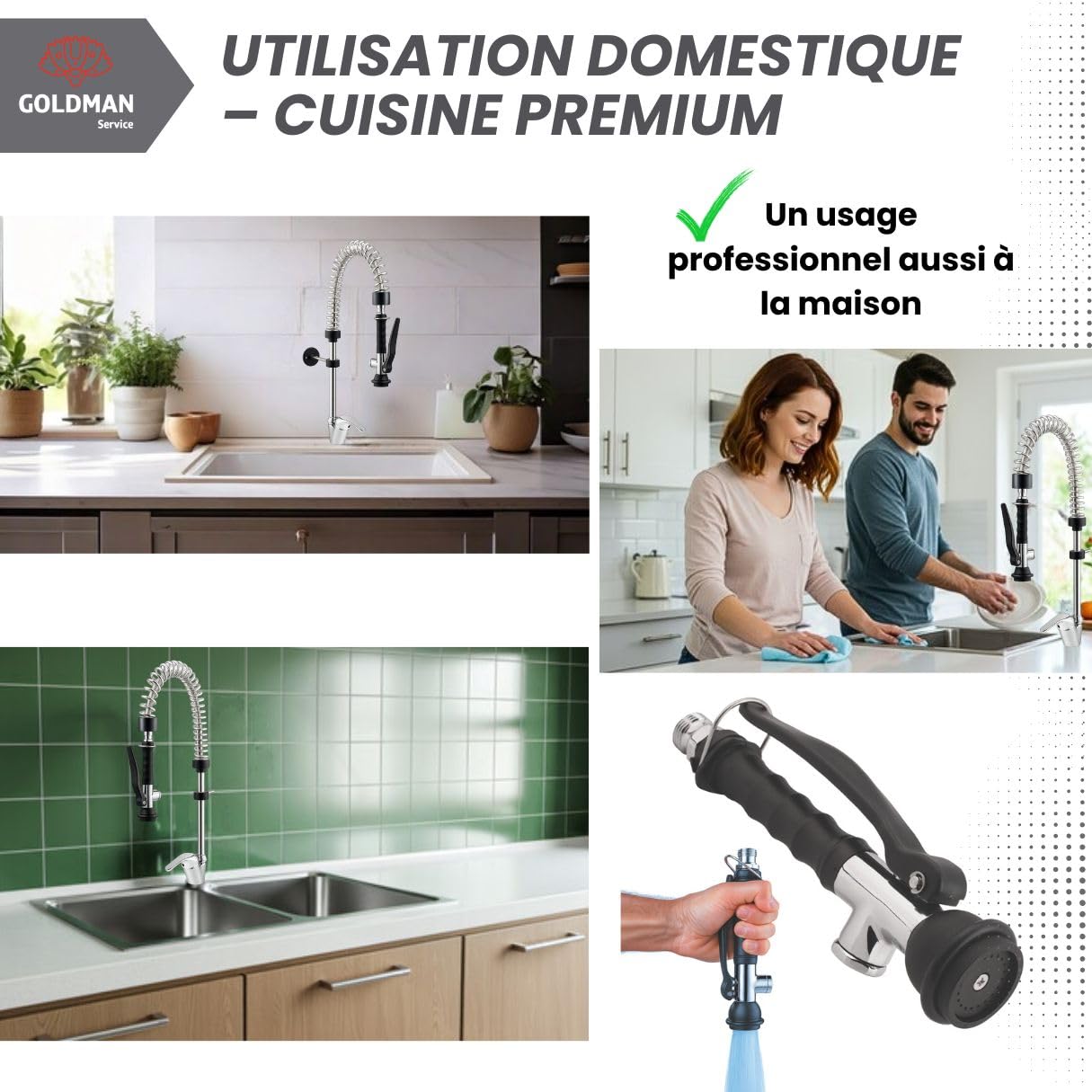 GOLDMAN SERVICE | Robinet pulvérisateur professionnel pour évier cuisine industrielle et domestique | Manche ergonomique Eco Saver | Tête de pulvérisation en acier inoxydable hôtellerie restaurants