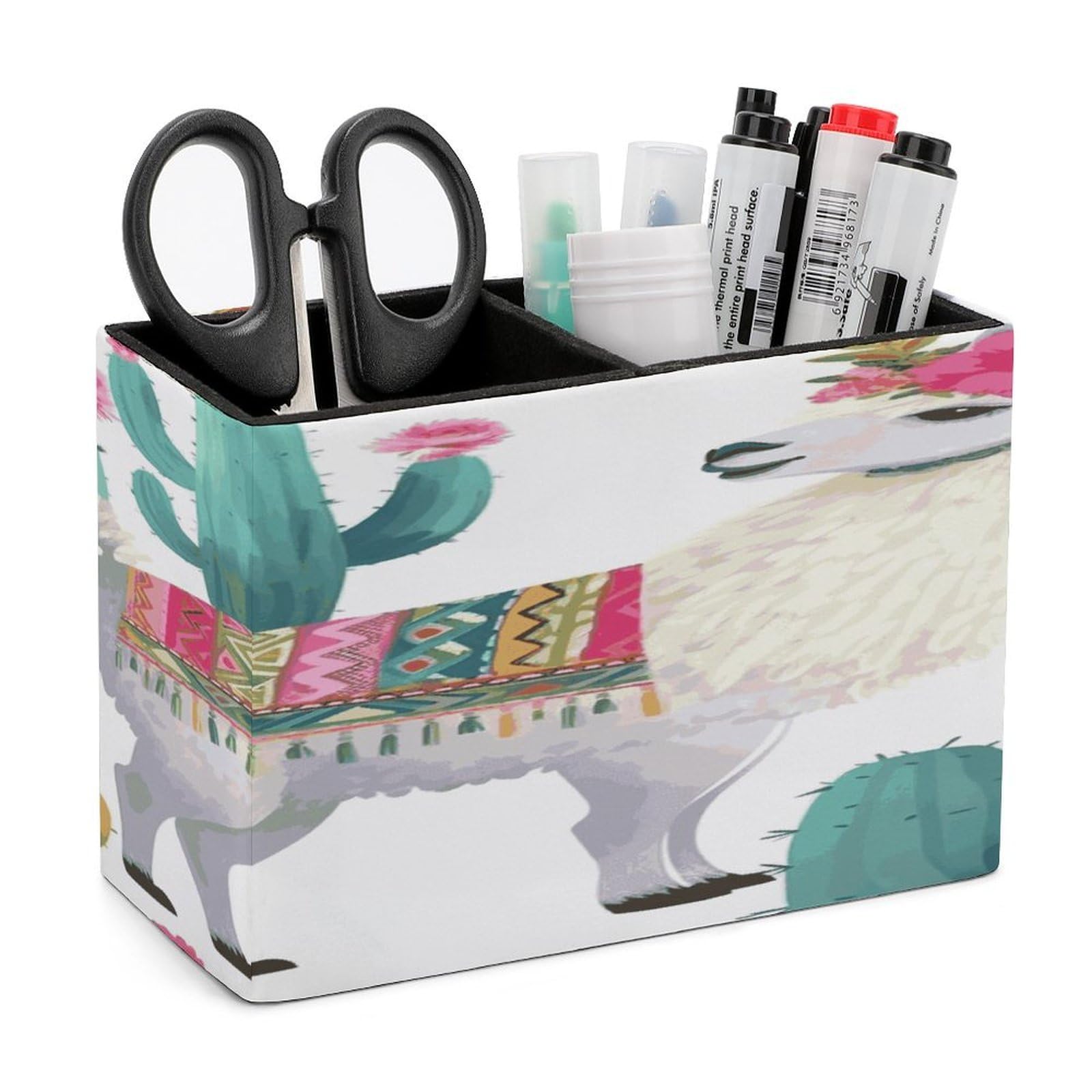 LDGSUPH Tropical Llama Alpaca Cactus Flower Leather Pen Holder for Desk Organizer Caddy Large Pencil Cup Multi-function Pencil Holder Makeup Brush Holders Pen Organizer for Home Office Storage Box