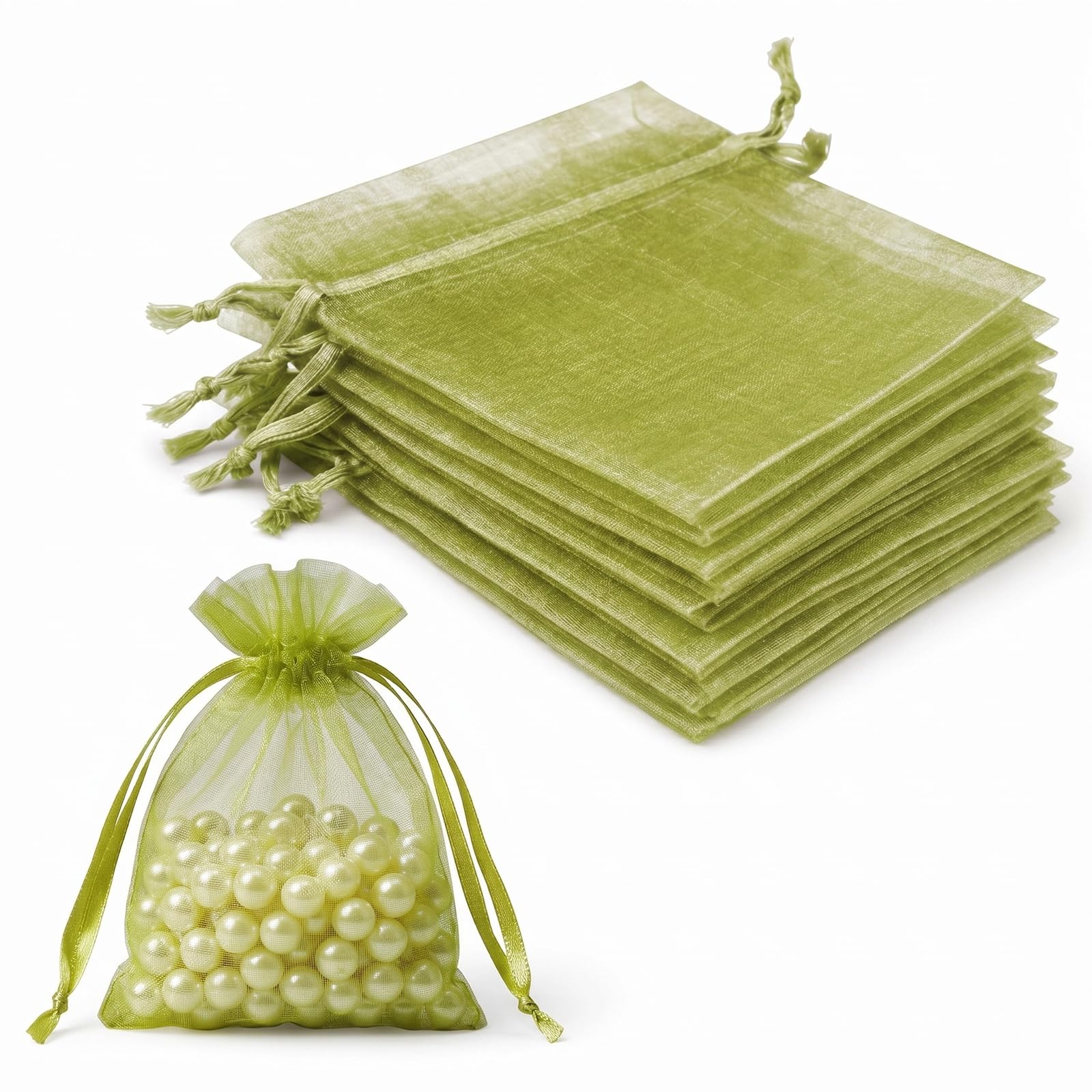 Lafefe 20Pcs Organza Gift Pouches, 7x9CM Clear Mesh Drawstring Pouches, Organza Gift Bags for Wedding Favours, Party, Festival, Candy and Game Favour Bags - Green