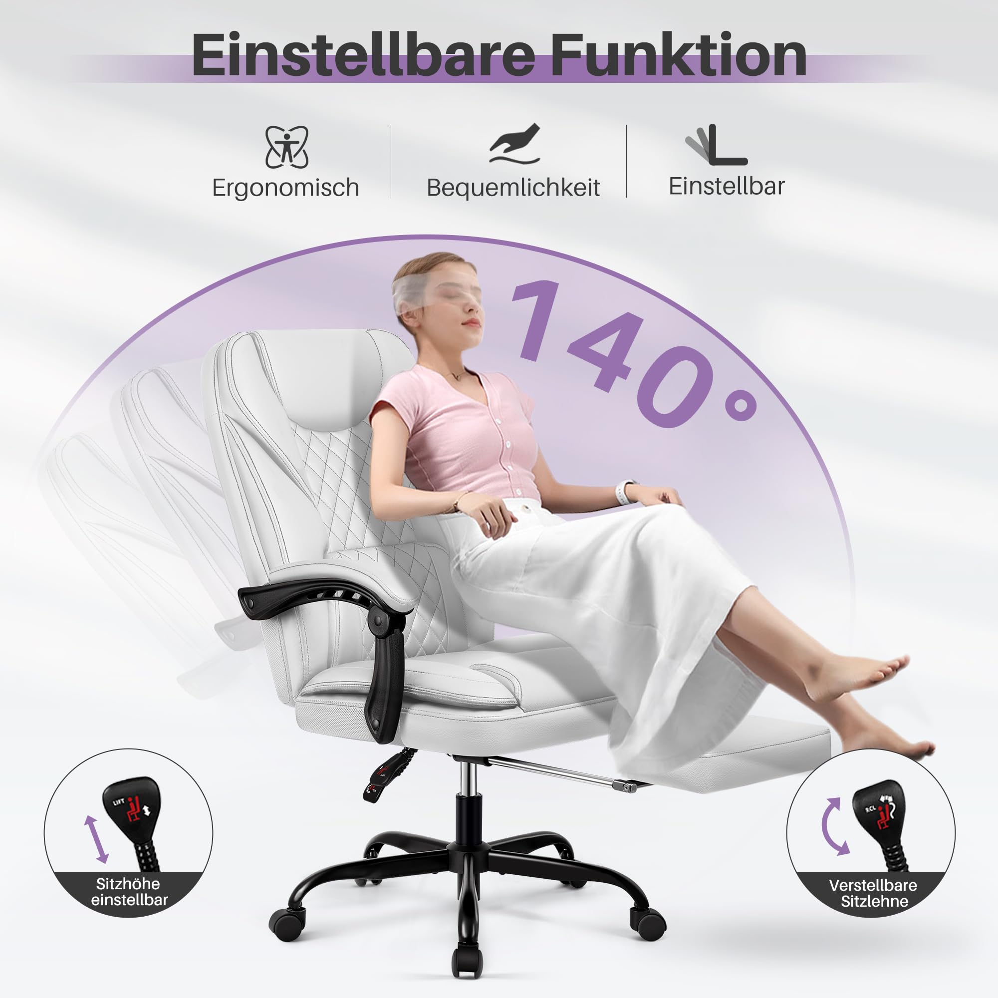 Bürostuhl ergonomischer Schreibtischstuhl bis 140°mit Fußstütze Kopfstütze Wippfunktion Drehstuhl Chefsessel Kunstleder, Grau