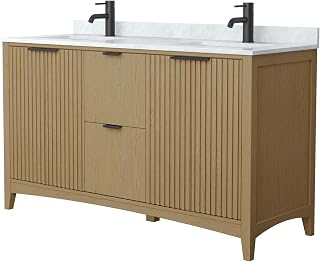 Wyndham Collection Palmilla 60 Inch Double Bathroom Vanity in Natural Oak, White Carrara Marble Countertop, Undermount Square Sinks, Matte Black Trim