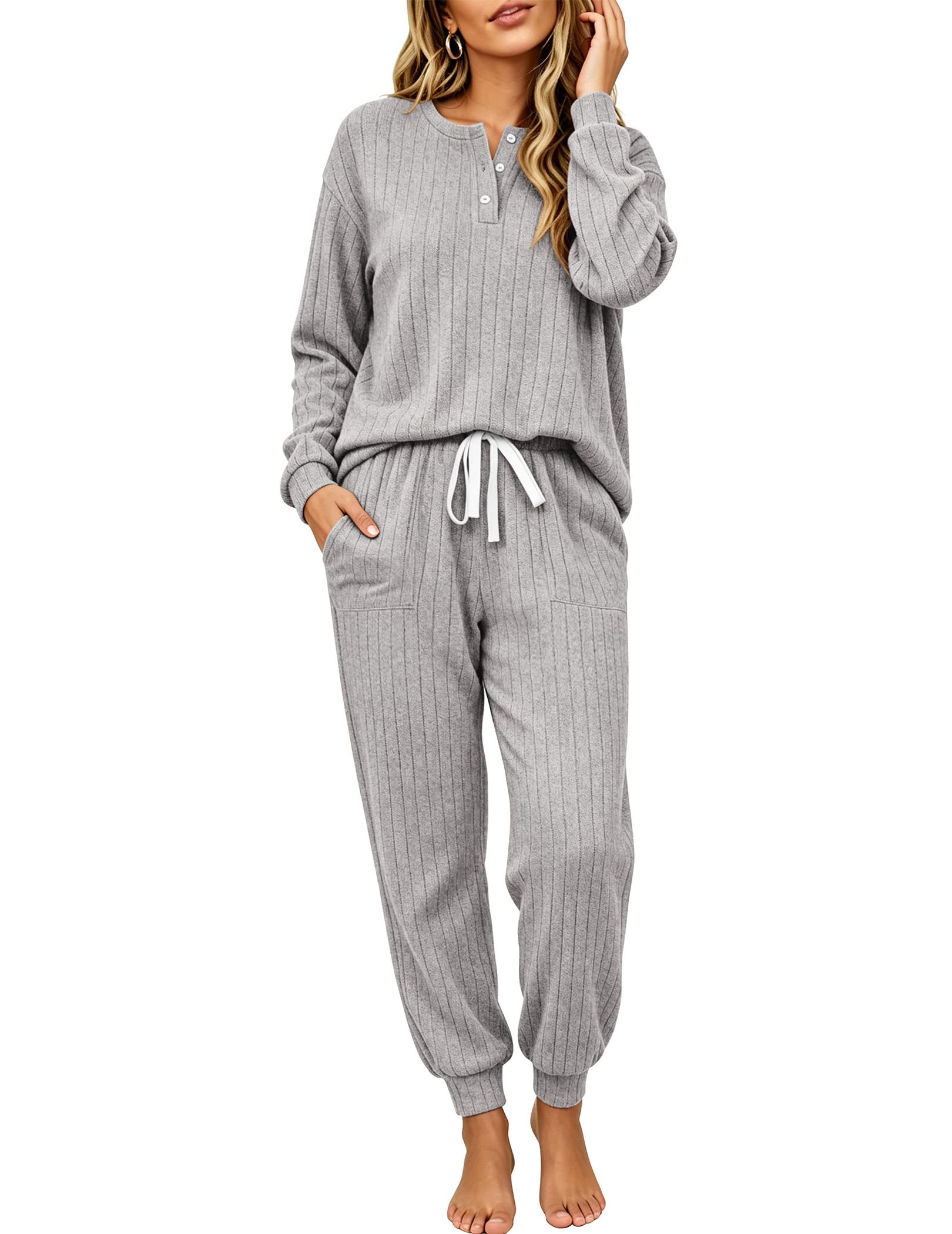 Ekouaer Womens Pajamas Set Knit Pjs Long Sleeve Lounge Set Soft Loungewear