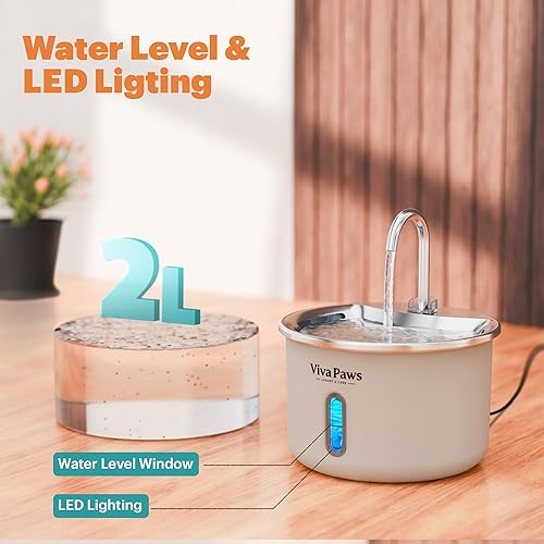 Miniatura 8 de Viva Paws - Fuente de agua para gatos, fuente de acero inoxidable para mascotas de 2 L74 onzas con luz LED, bomba ultra silenciosa 25 dB, ventana de