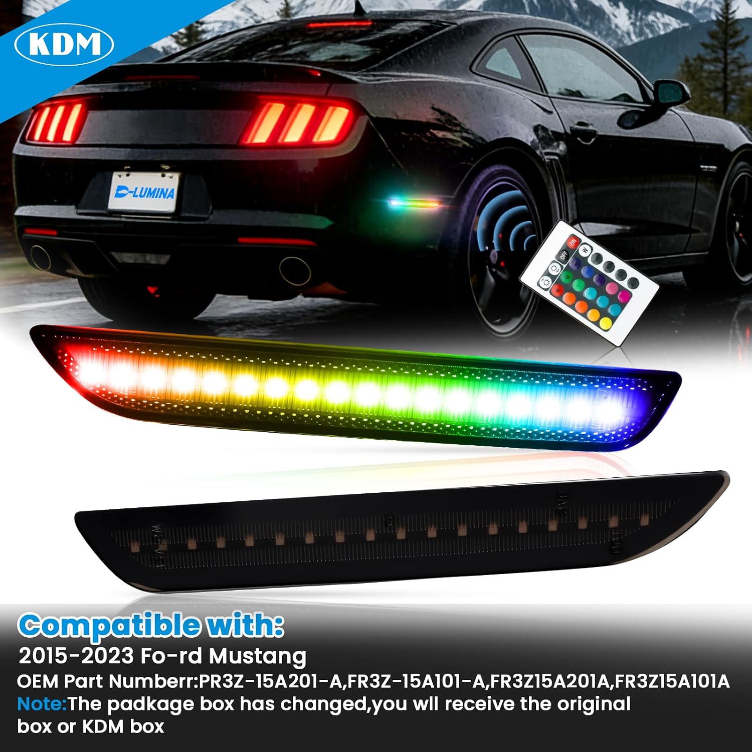 KDM RGB Full Led Fender Side Marker Multi-Color Reflectors Lights, Compatible for 2015-2022 Ford Mustang Assembly Rear Side Bumper Marker Lamp, Smoked Lens Pack of 2