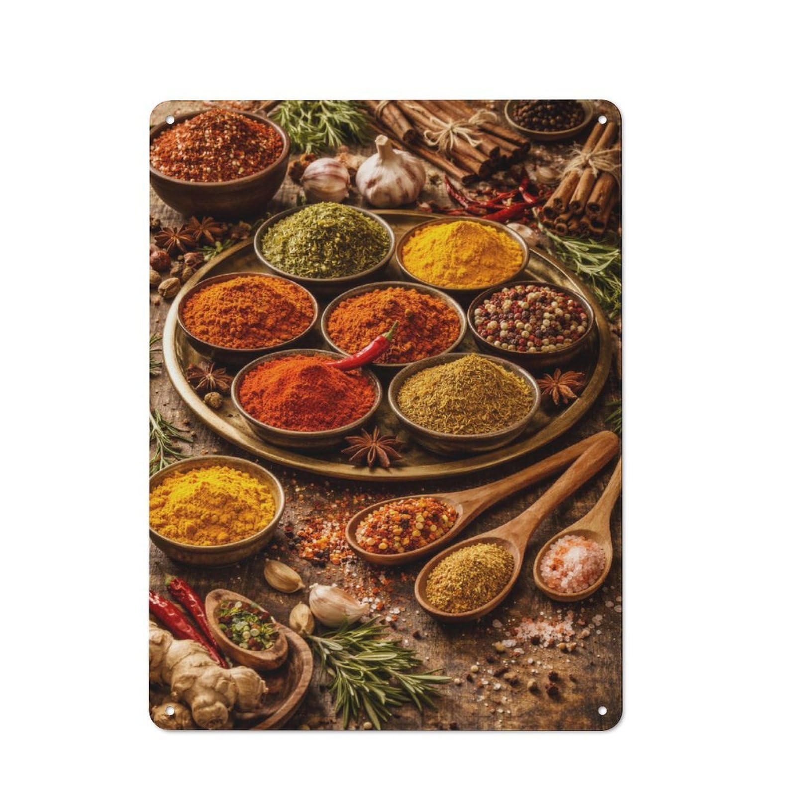 Junmoney Style-5 Assortment Of Spices And Herbs Barn Style Metal Wall Decor 40X30cm, Country Metal Sign For Kitchen, Cottage, Porch Or Garden Room