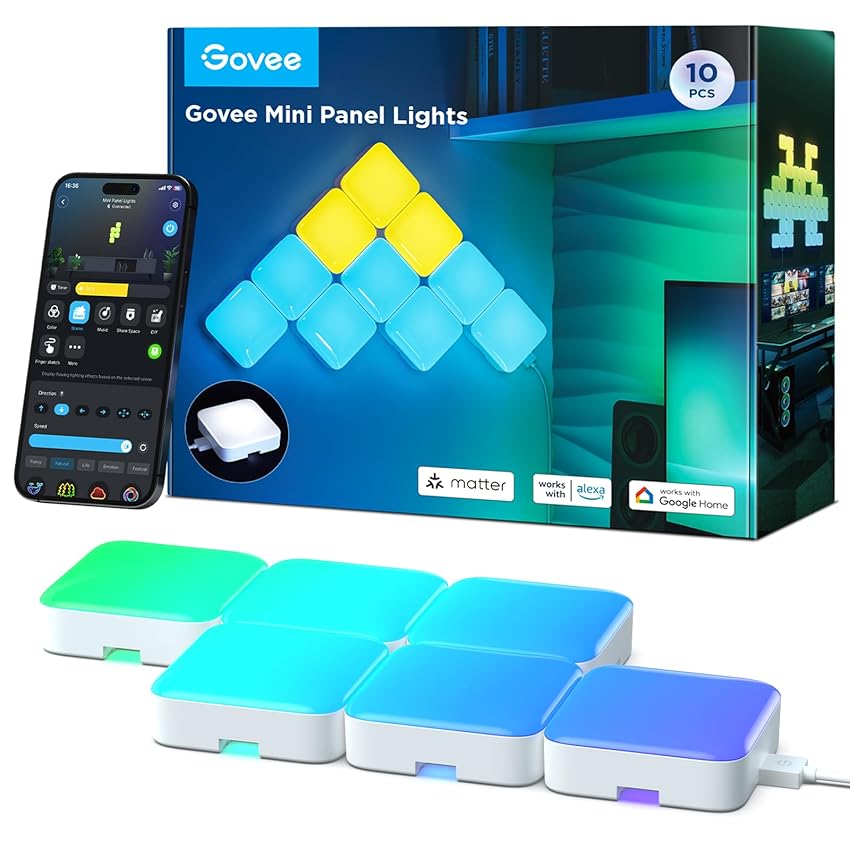 Govee Mini pannelli LED da parete, luci a cubo fai da te, funziona con Matter, Alexa, Google Assistant, sincronizzazione con musica, sala giochi, camera da letto, soggiorno, confezione da 10