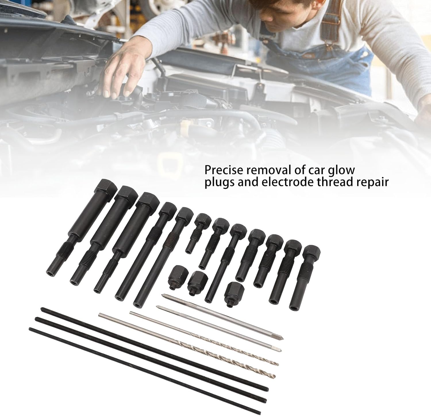 22PCS Glow Plug Removal Tool Set, Steel High Hardness Extraction Kit for Motor Derv Vehicles, Broken Damaged Glow Plug Electrodes Remover Repair Tools with M8x1.0 M10x1.0 M10x1.25
