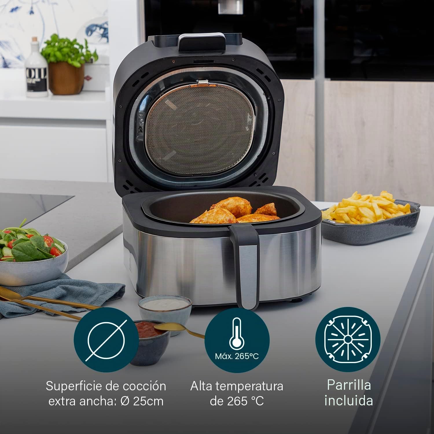 Princess 182092 – Freidora sin aceite 2 en 1 – 4 programas – máx. 265 °C – Incluye termómetro – 1760 W – plata/negro