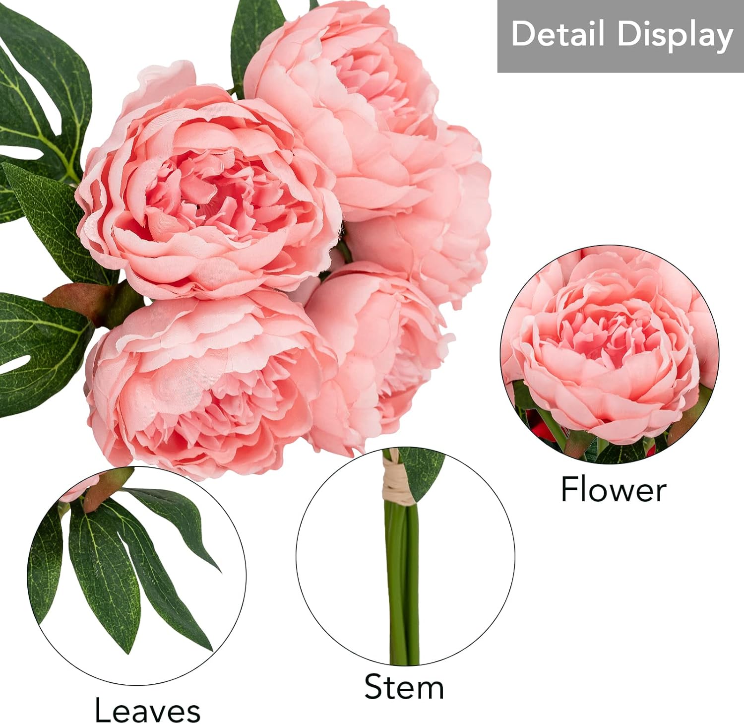 Artificial/Fake/Faux Flowers - Peony Bundle Pink Color, Pack of 5, Totally 25 Heads, for Wedding, Home, Party, Restaurant